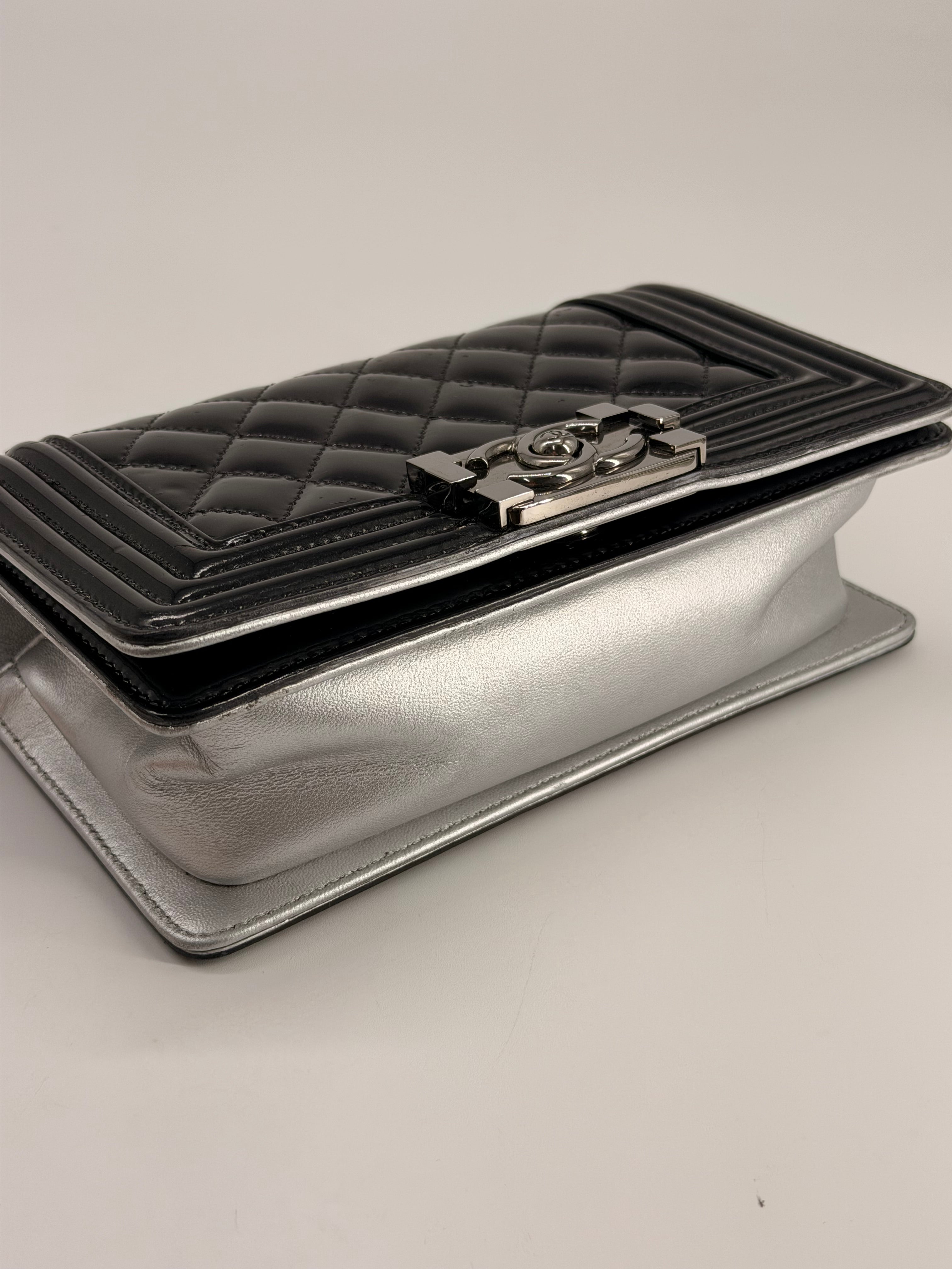 CHANEL Small Boy Bag Patent Leather Black Silver Shoulder Bag
