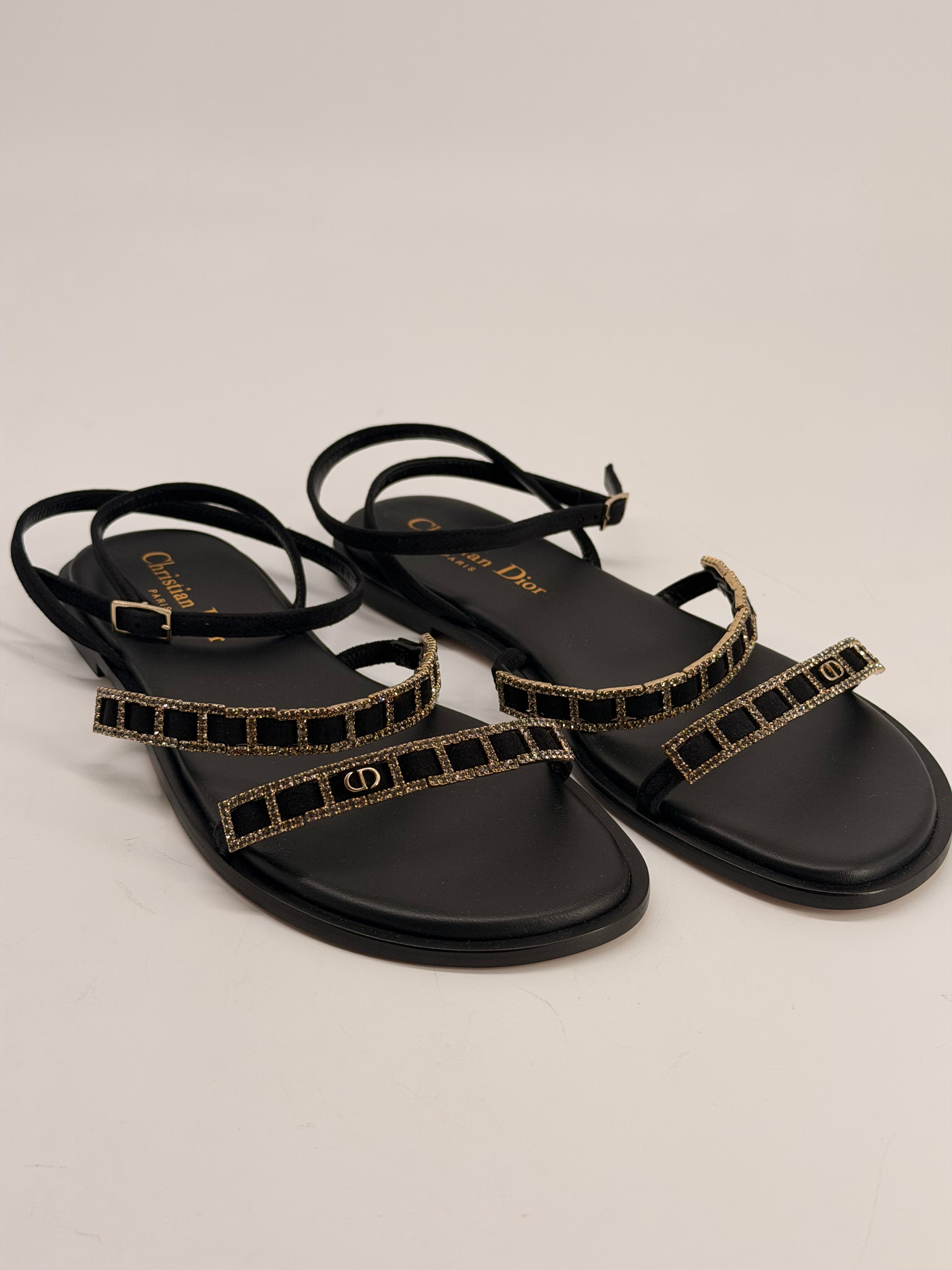DIOR Diorissime Sandal Black Suede Goatskin and Silver-Tone Strass Size 36 NEW
