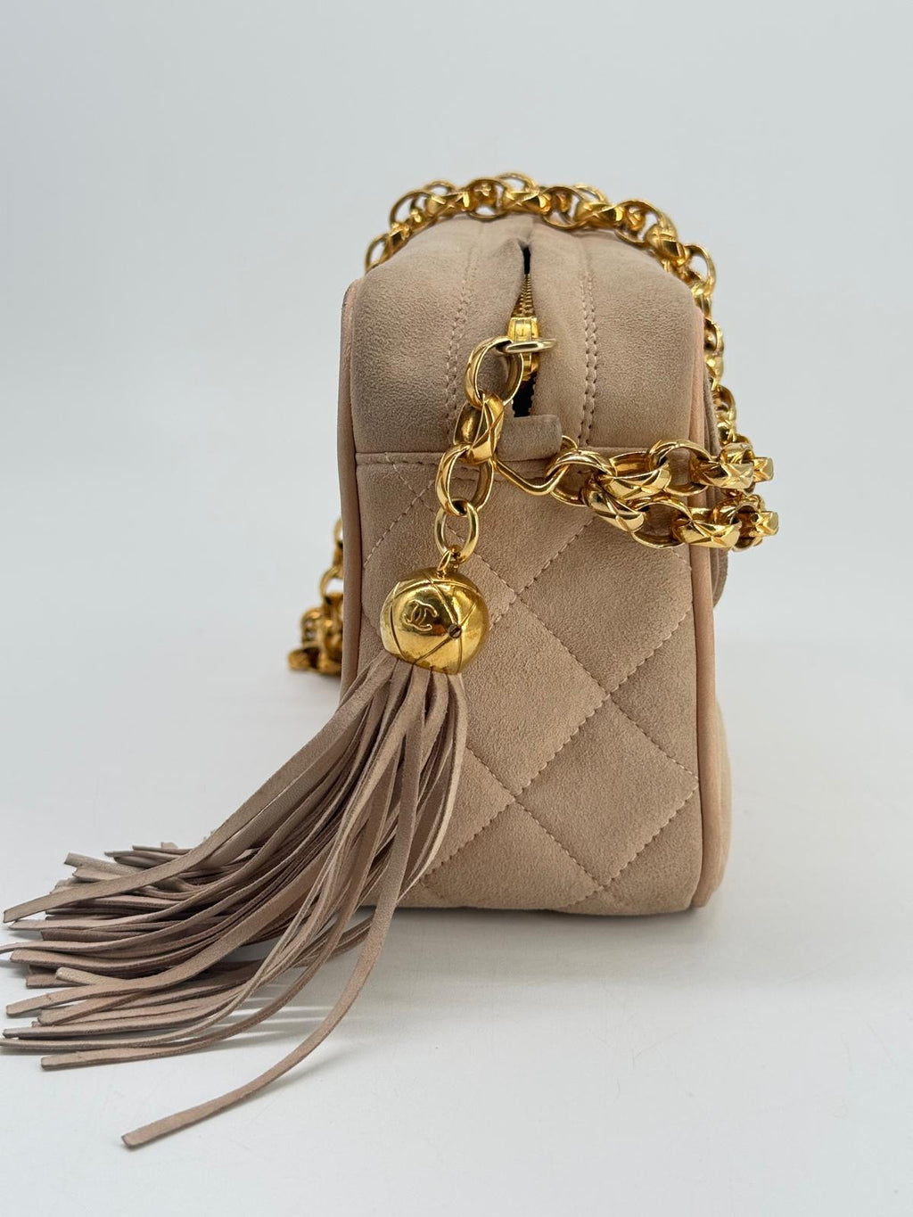 CHANEL Quilted Tassel CC Camera Bag Case In Pink Suede