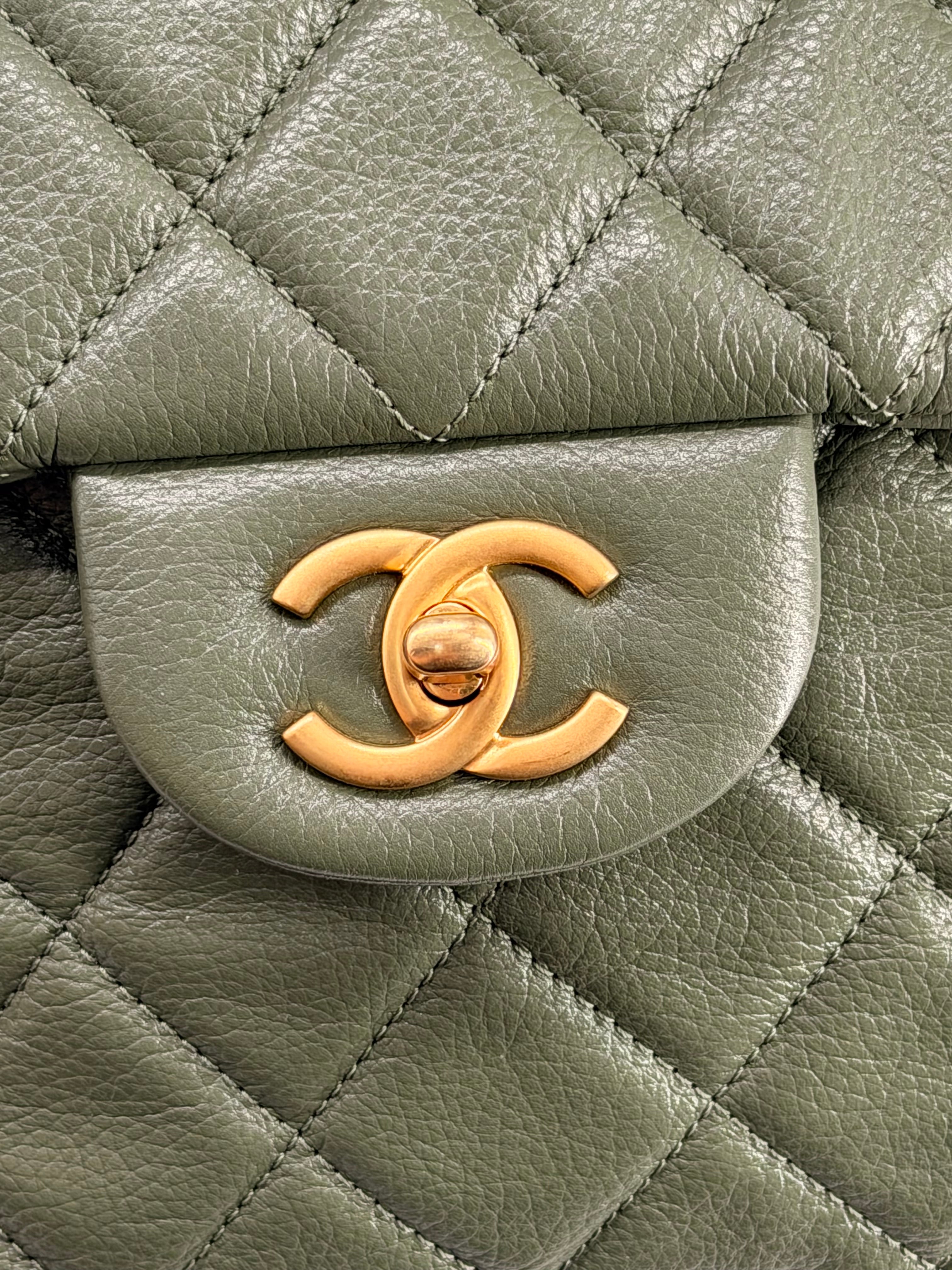 Chanel XXL Travel Classic Flap Bag Khaki Grained Calfskin Leather