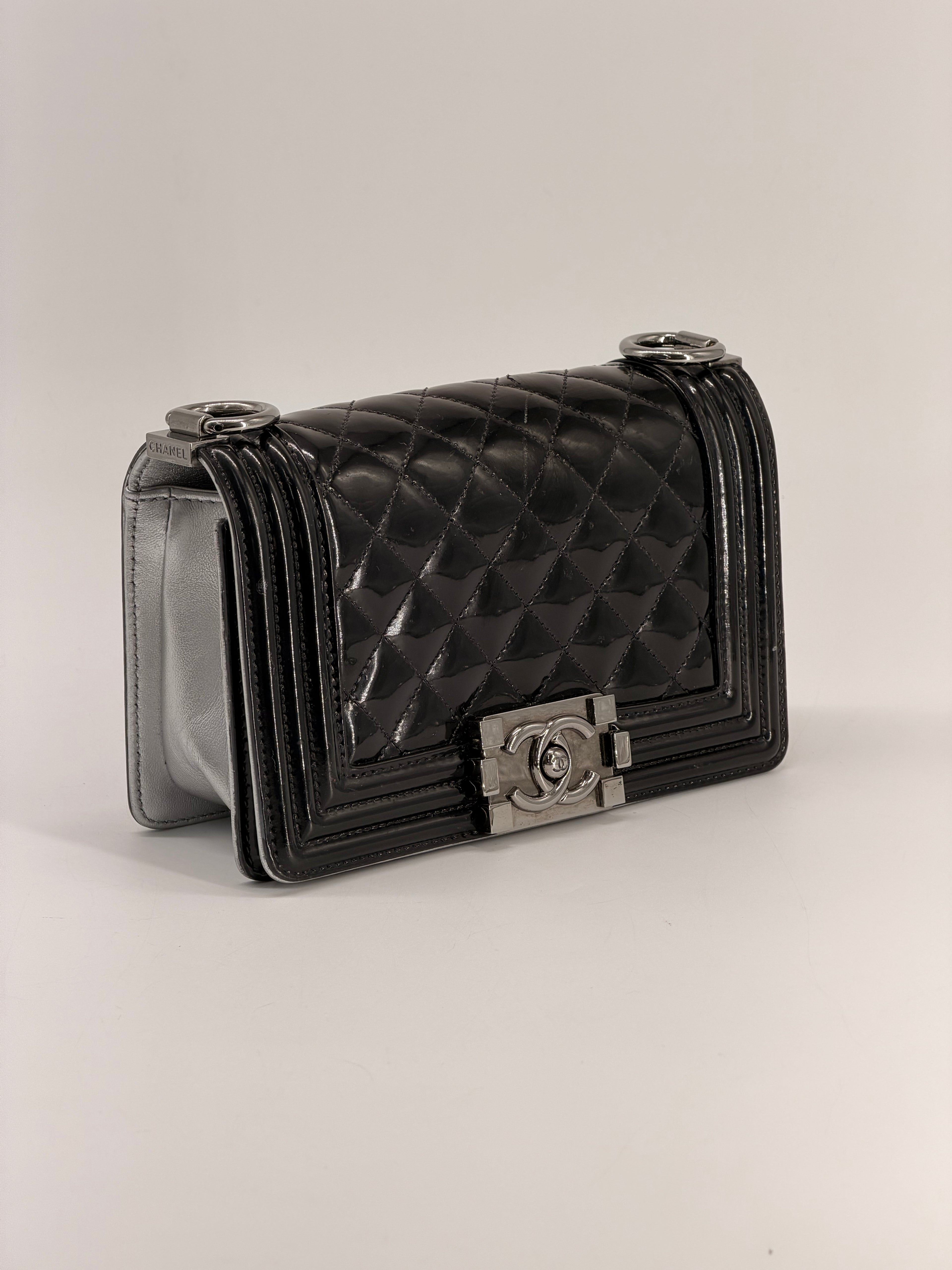 CHANEL Small Boy Bag Patent Leather Black Silver Shoulder Bag
