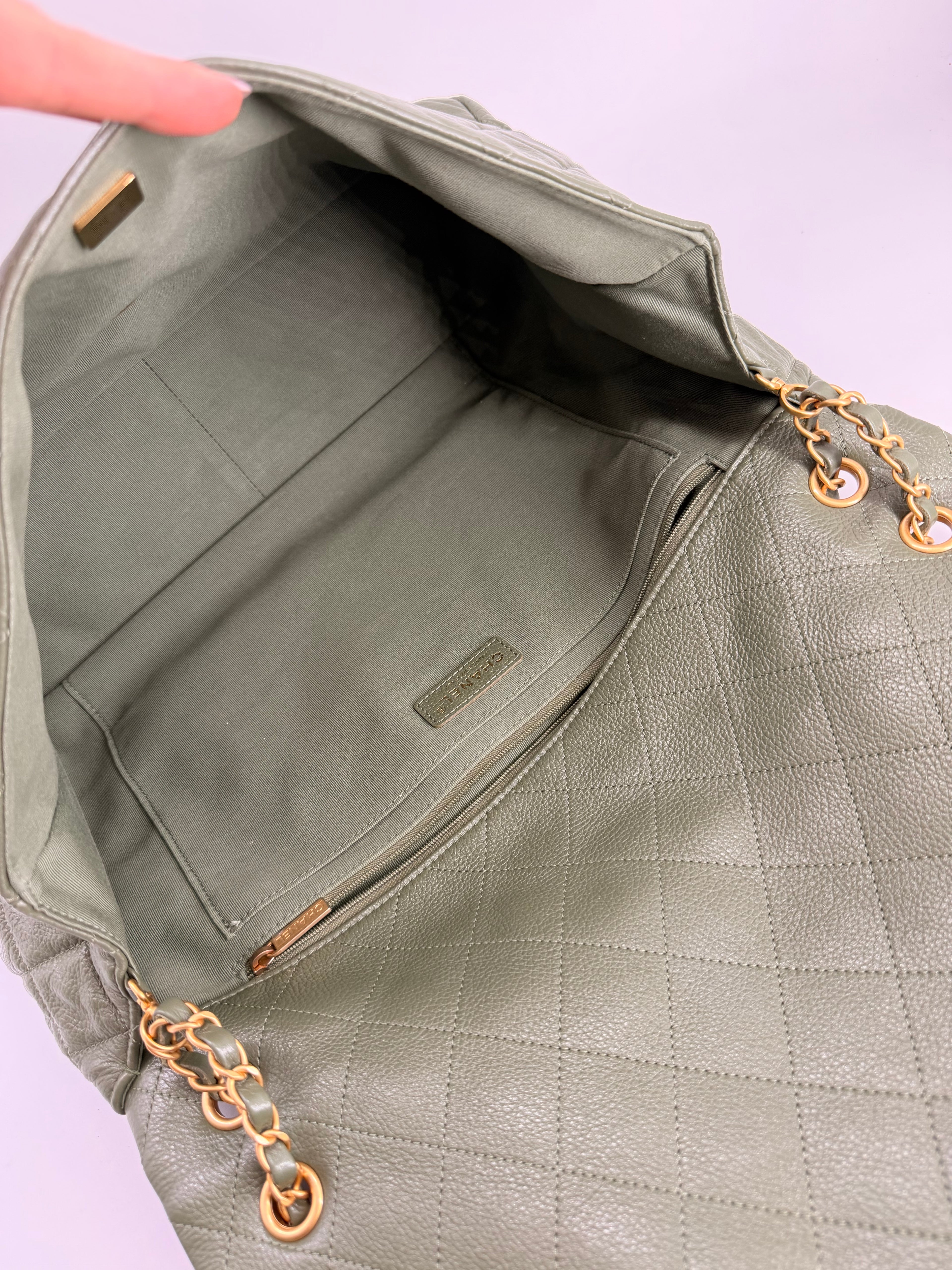 Chanel XXL Travel Classic Flap Bag Khaki Grained Calfskin Leather