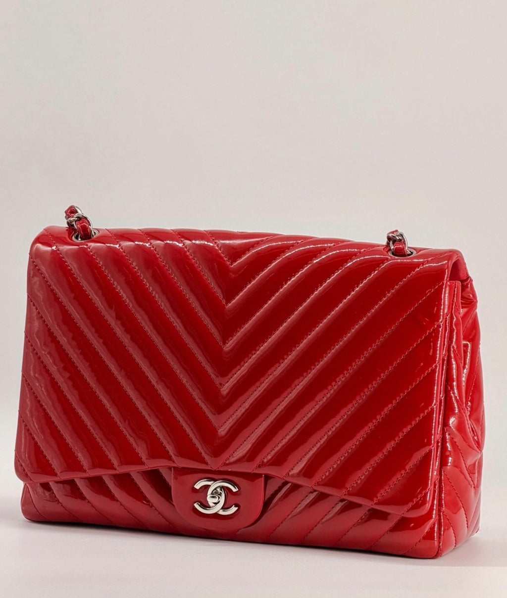 Chanel Patent Maxi Chevron Single Flap Shoulder Bag Red
