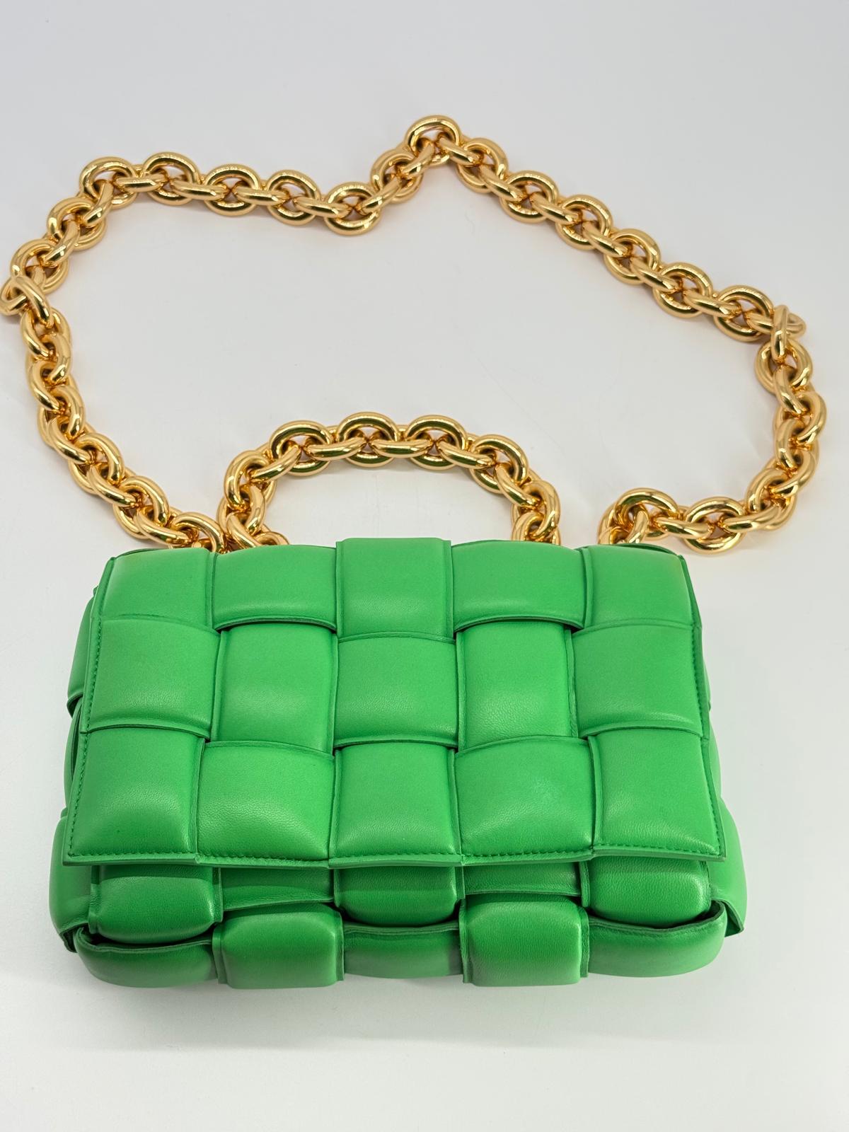 Bottega Veneta Cassette Chain Intrecciato Green Leather Shoulder Bag