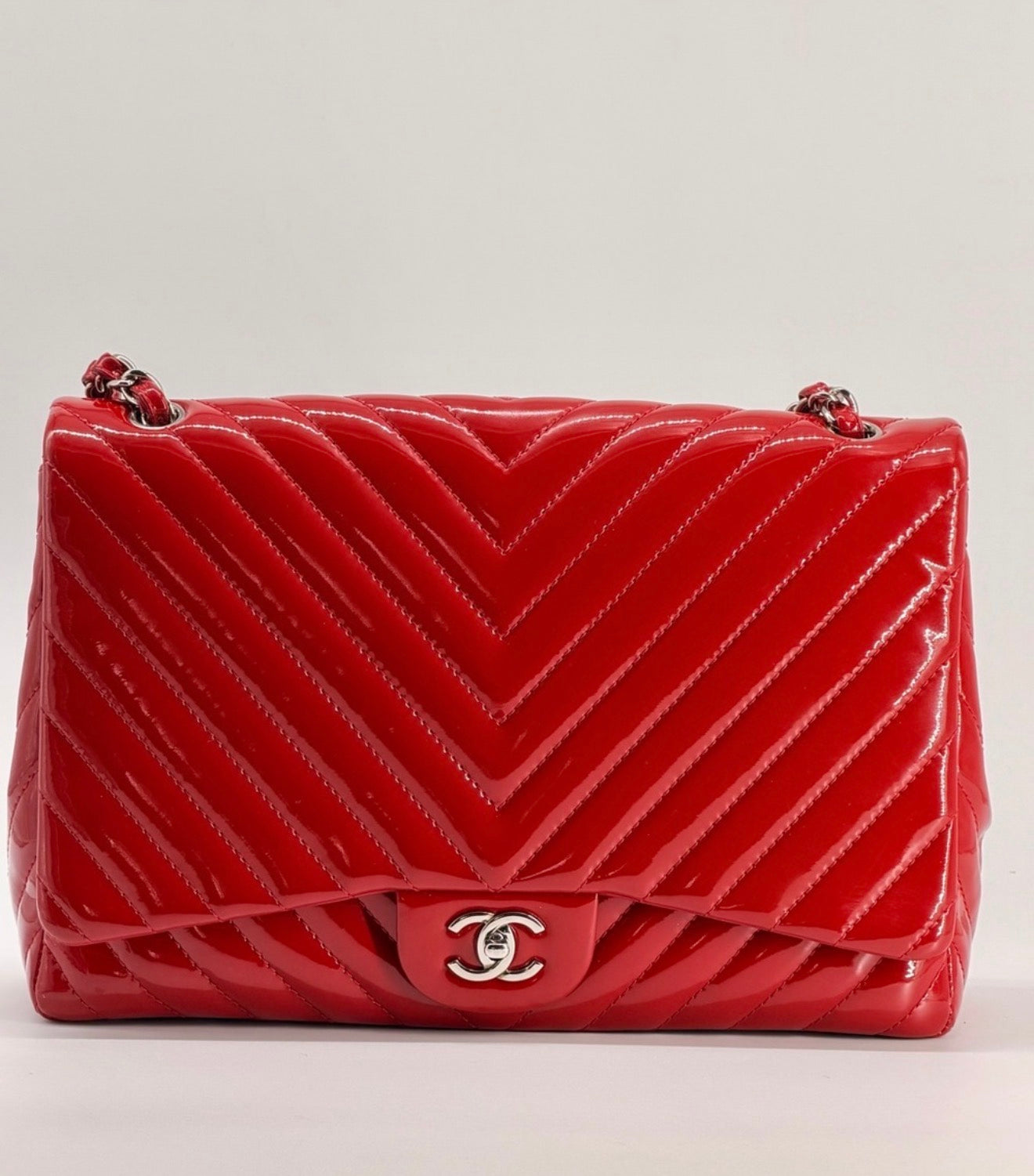 Chanel Patent Maxi Chevron Single Flap Shoulder Bag Red