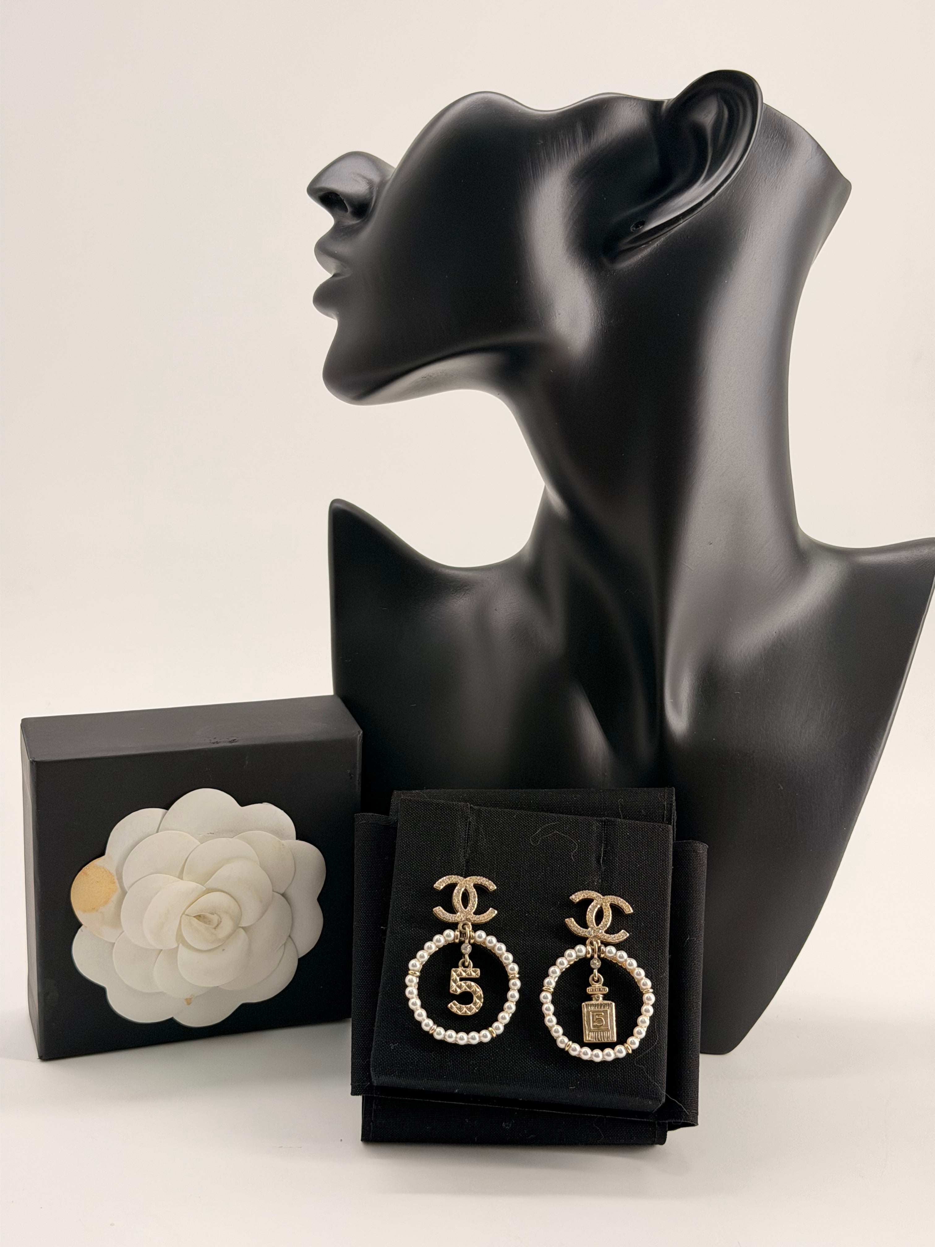 Chanel Faux Pearl & Strass CC Drop Earrings