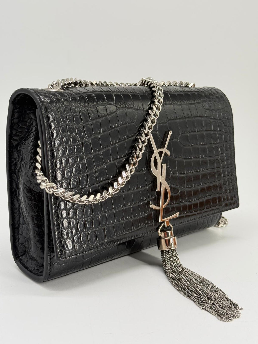 Saint Laurent Black Croc Embossed Leather Medium Kate Tassel Shoulder Bag