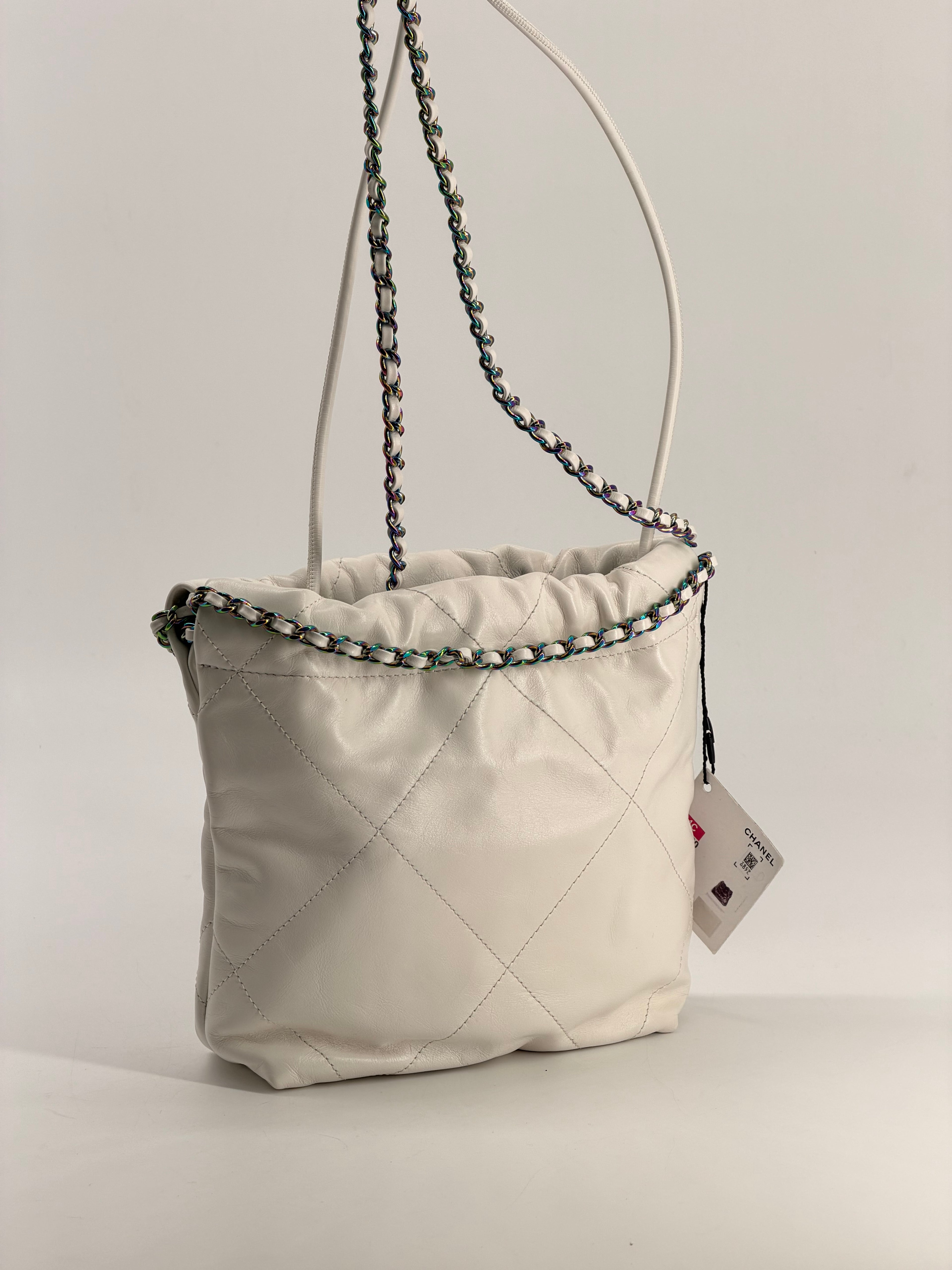 CHANEL Mini Rainbow 22 Hobo Bag White Calfskin Leather NWT