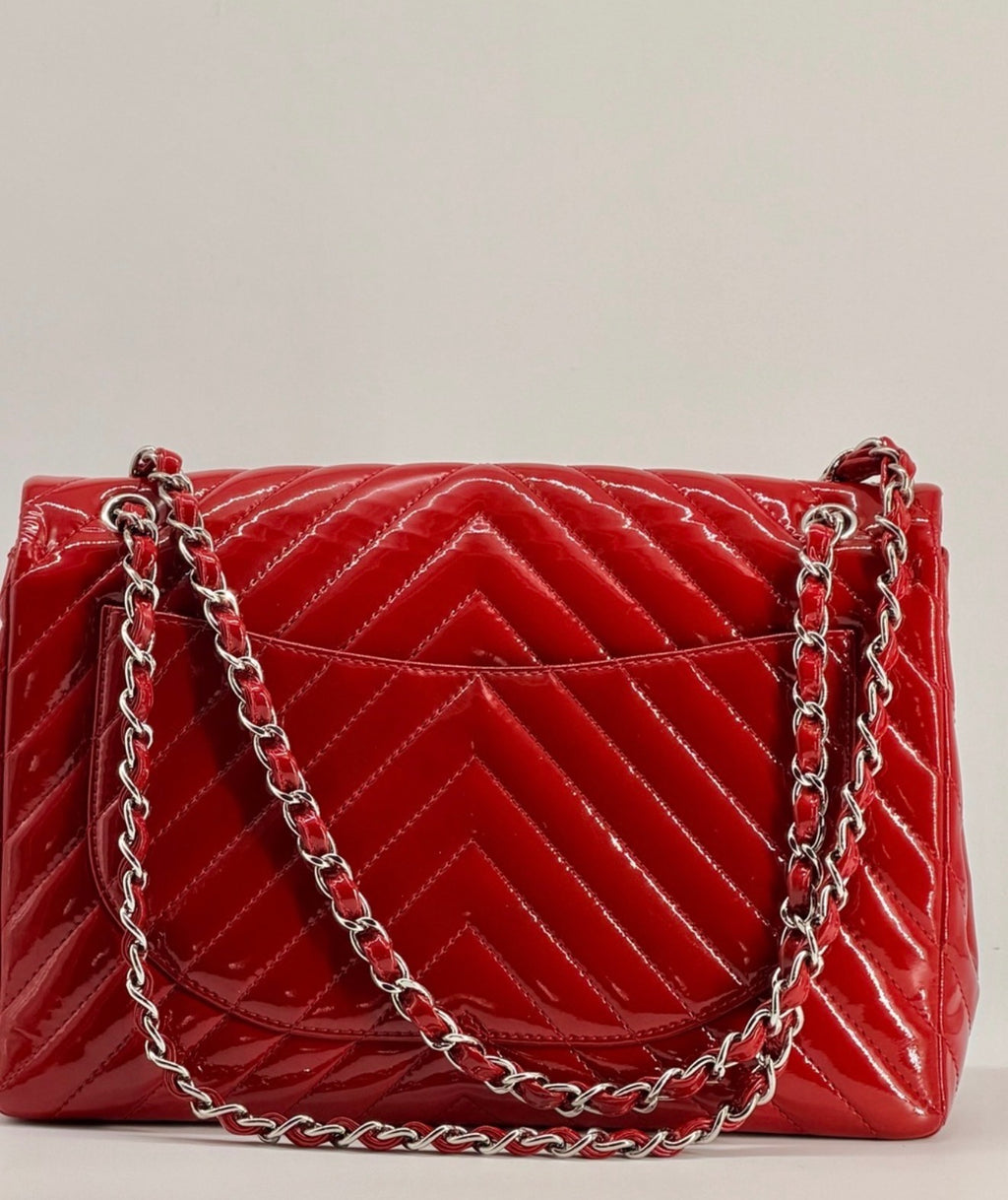 Chanel Patent Maxi Chevron Single Flap Shoulder Bag Red