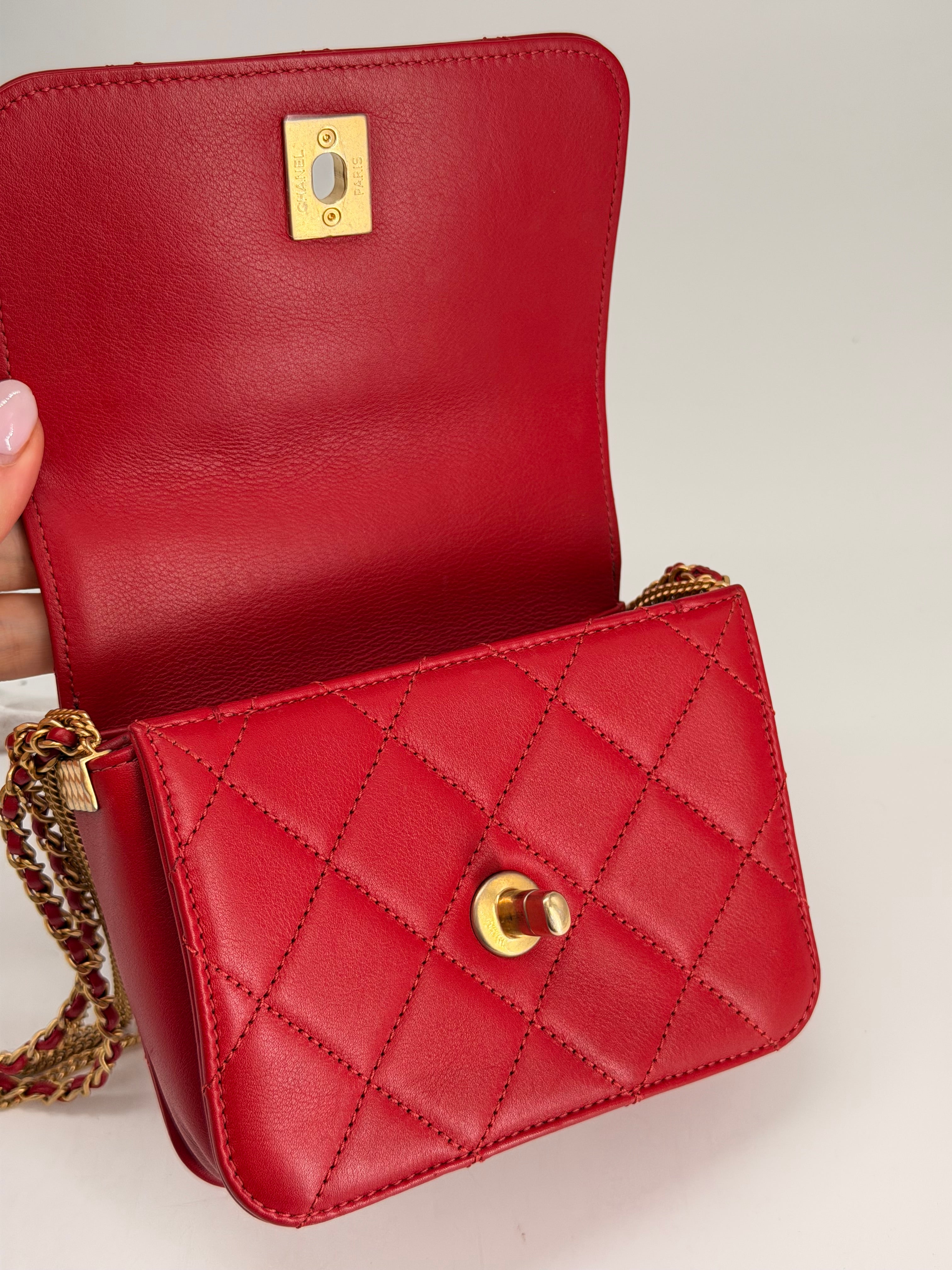 Chanel Cambon Mini Chain Red Lambskin Flap Bag