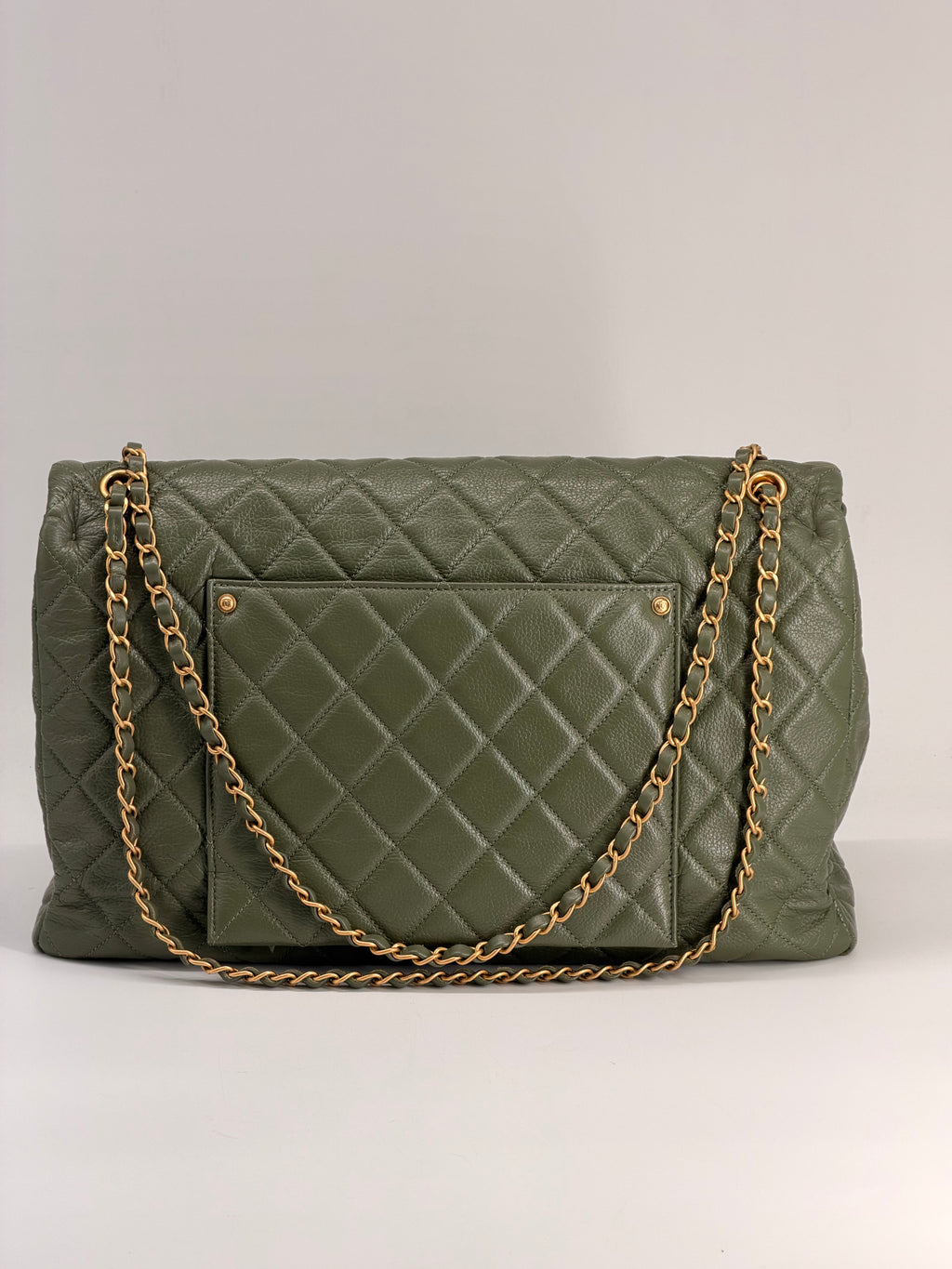 Chanel XXL Travel Classic Flap Bag Khaki Grained Calfskin Leather