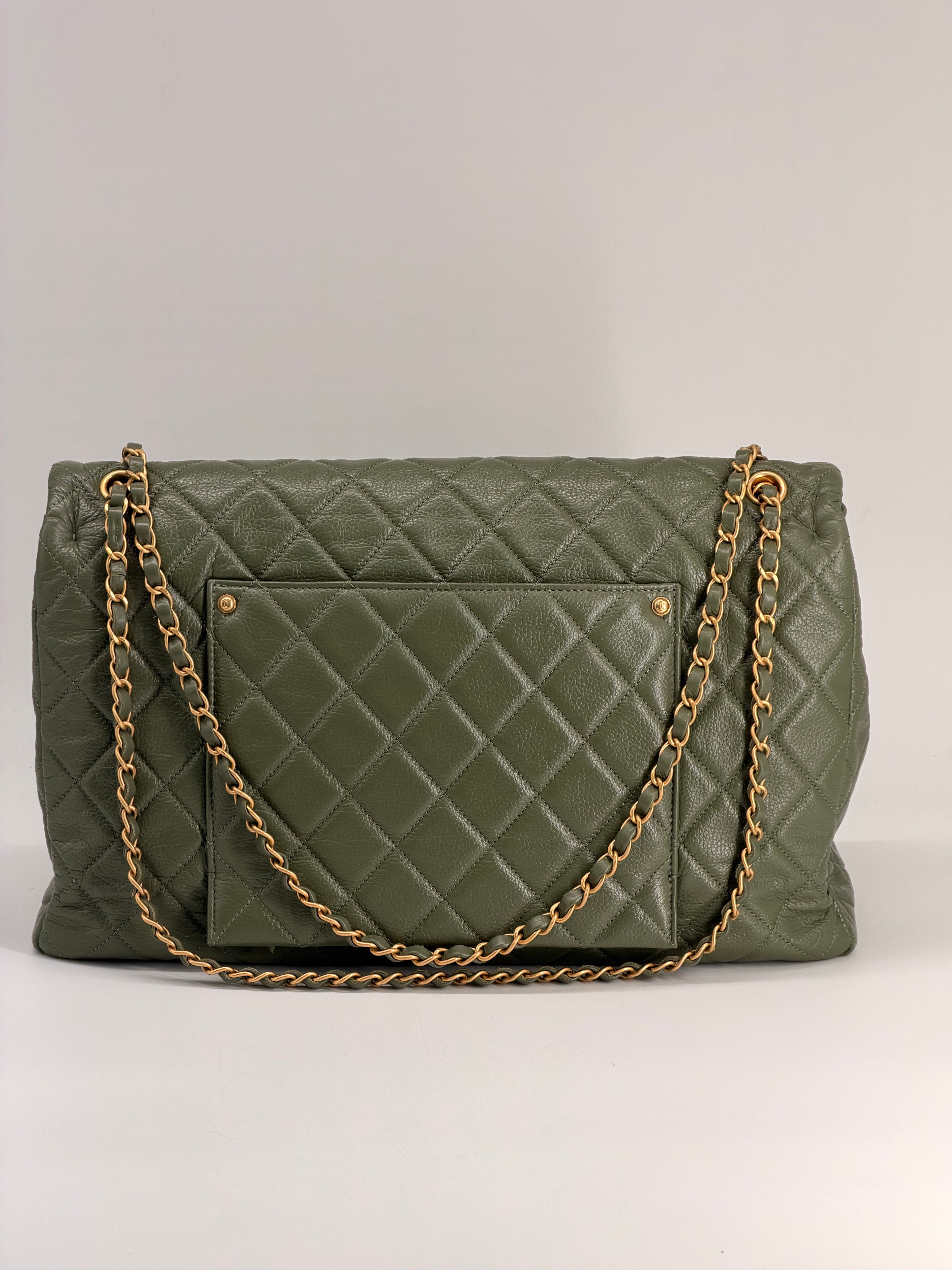 Chanel XXL Travel Classic Flap Bag Khaki Grained Calfskin Leather