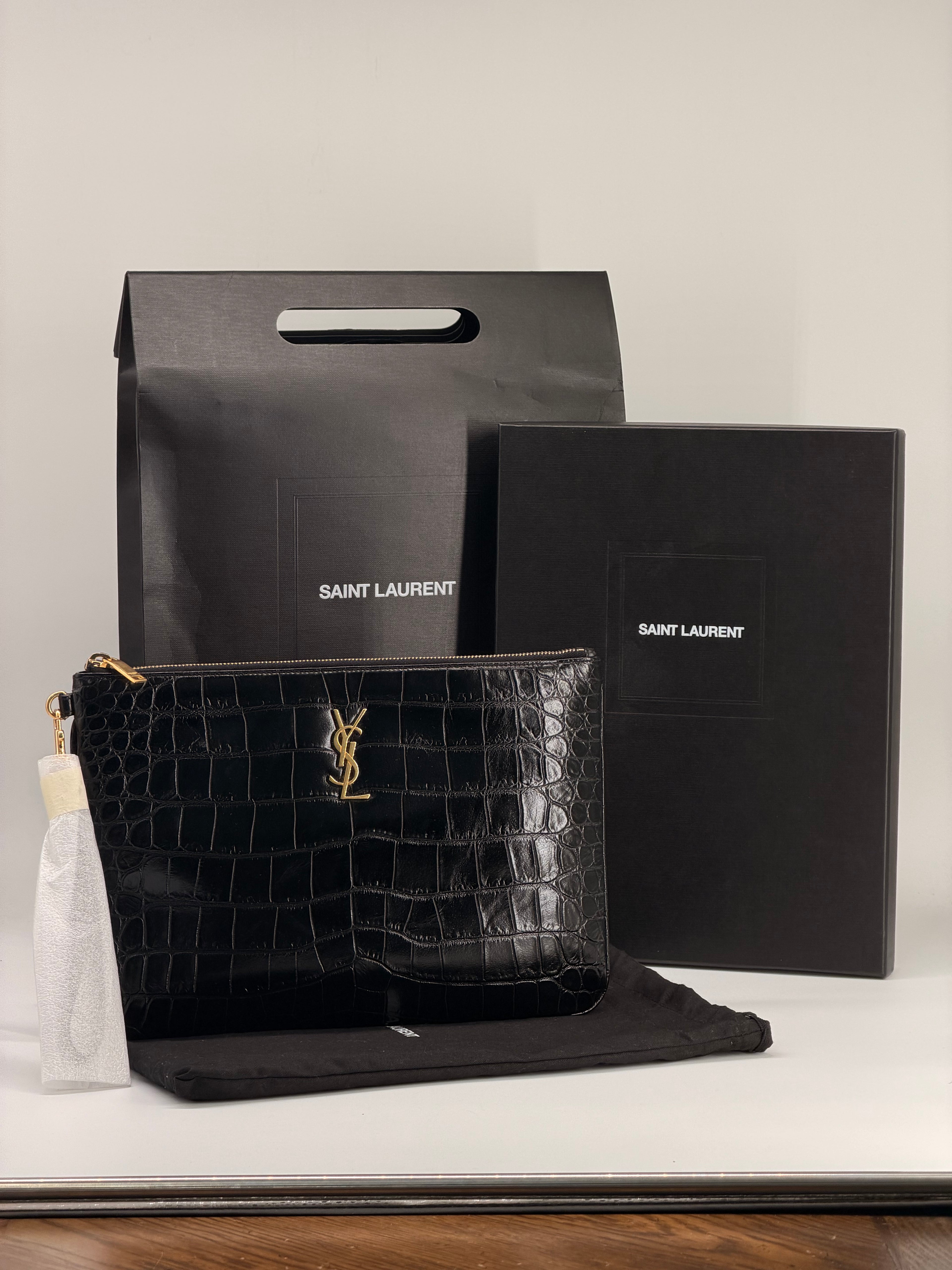 Saint Laurent Black Croc Embossed Leather Pouch