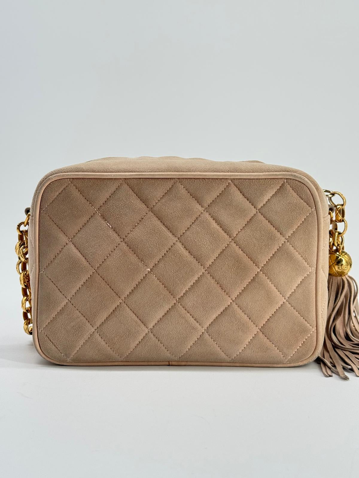 CHANEL Quilted Tassel CC Camera Bag Case In Pink Suede