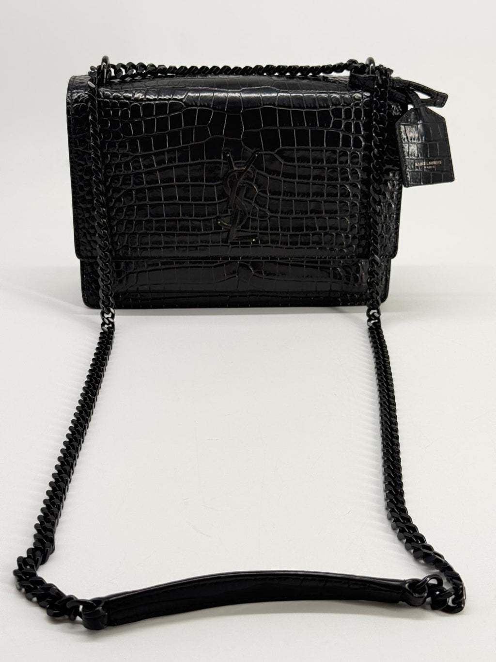Calfskin Crocodile Embossed Medium Monochrome Monogram Sunset Black Bag