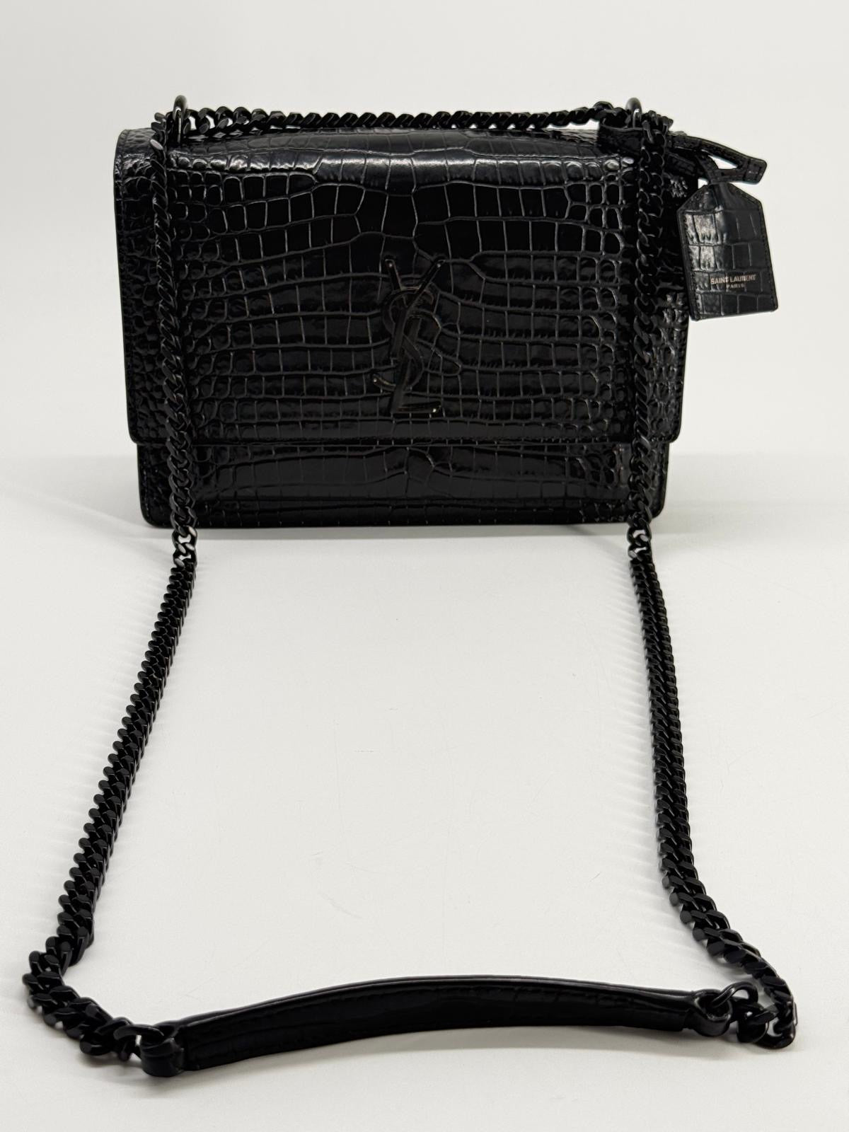 Calfskin Crocodile Embossed Medium Monochrome Monogram Sunset Black Bag