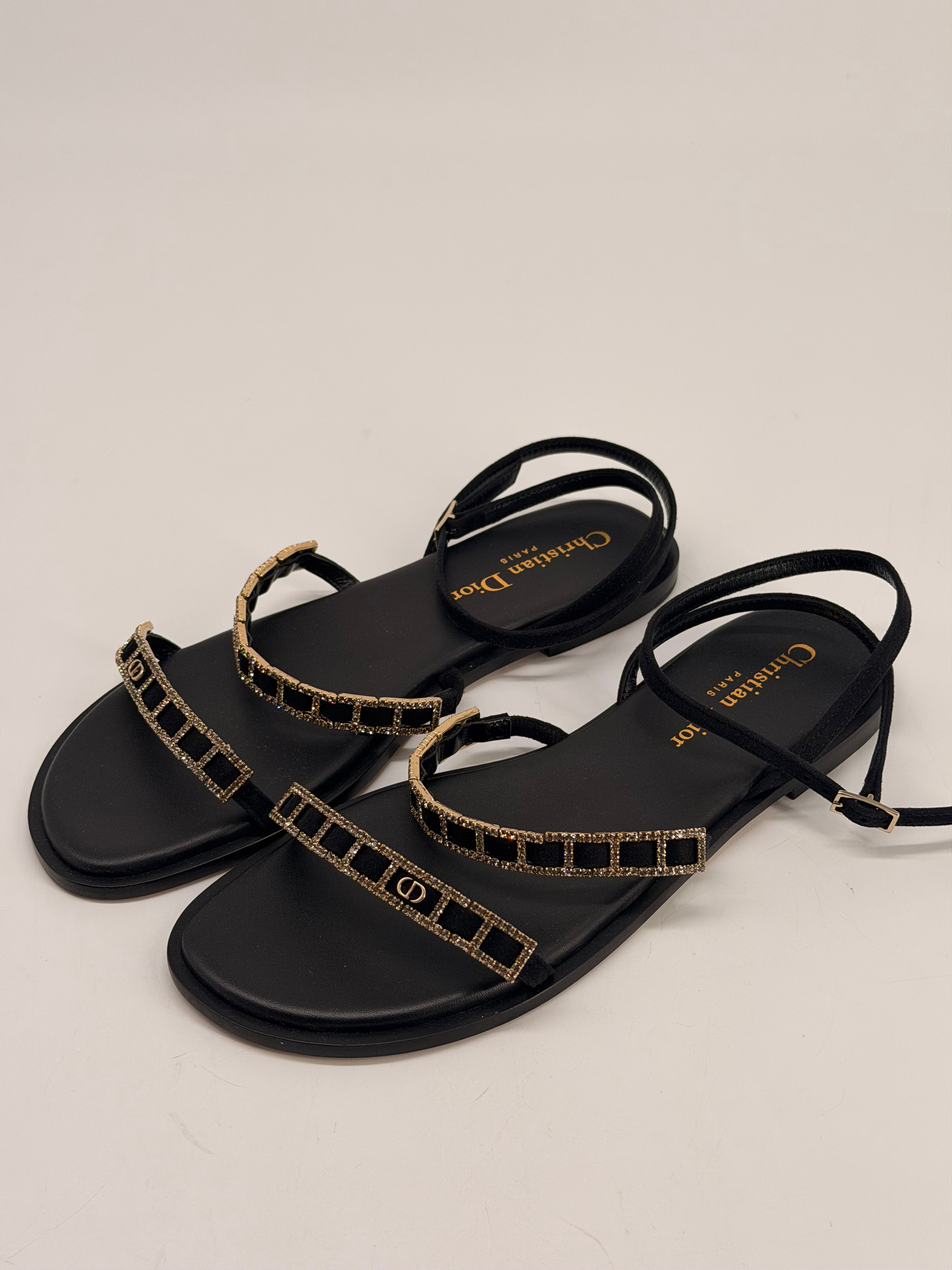 DIOR Diorissime Sandal Black Suede Goatskin and Silver-Tone Strass Size 36 NEW