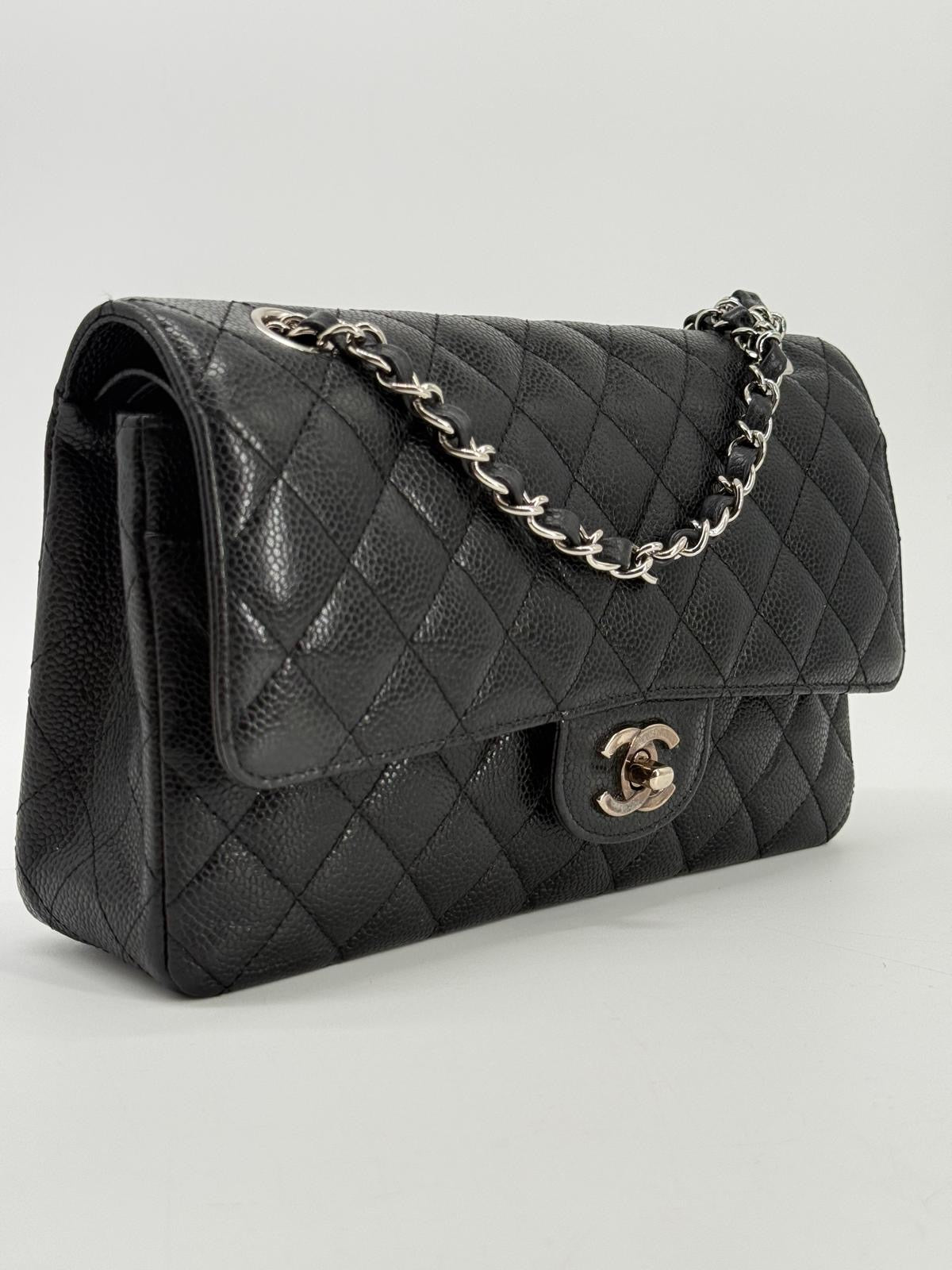 CHANEL Caviar Medium Double Flap Black Shoulder Bag