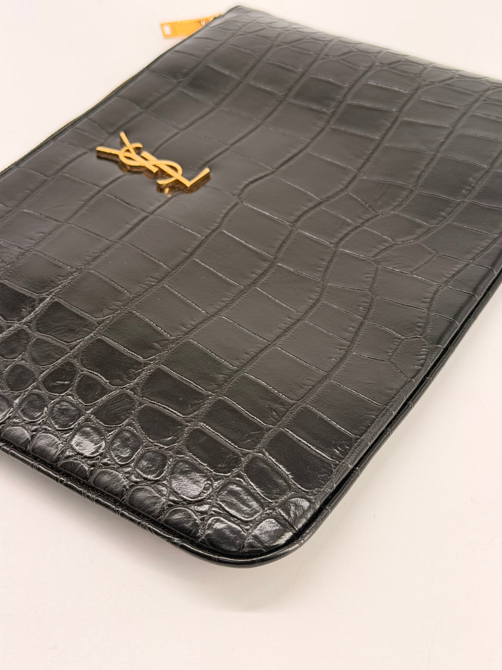 Saint Laurent Black Croc Embossed Leather Pouch