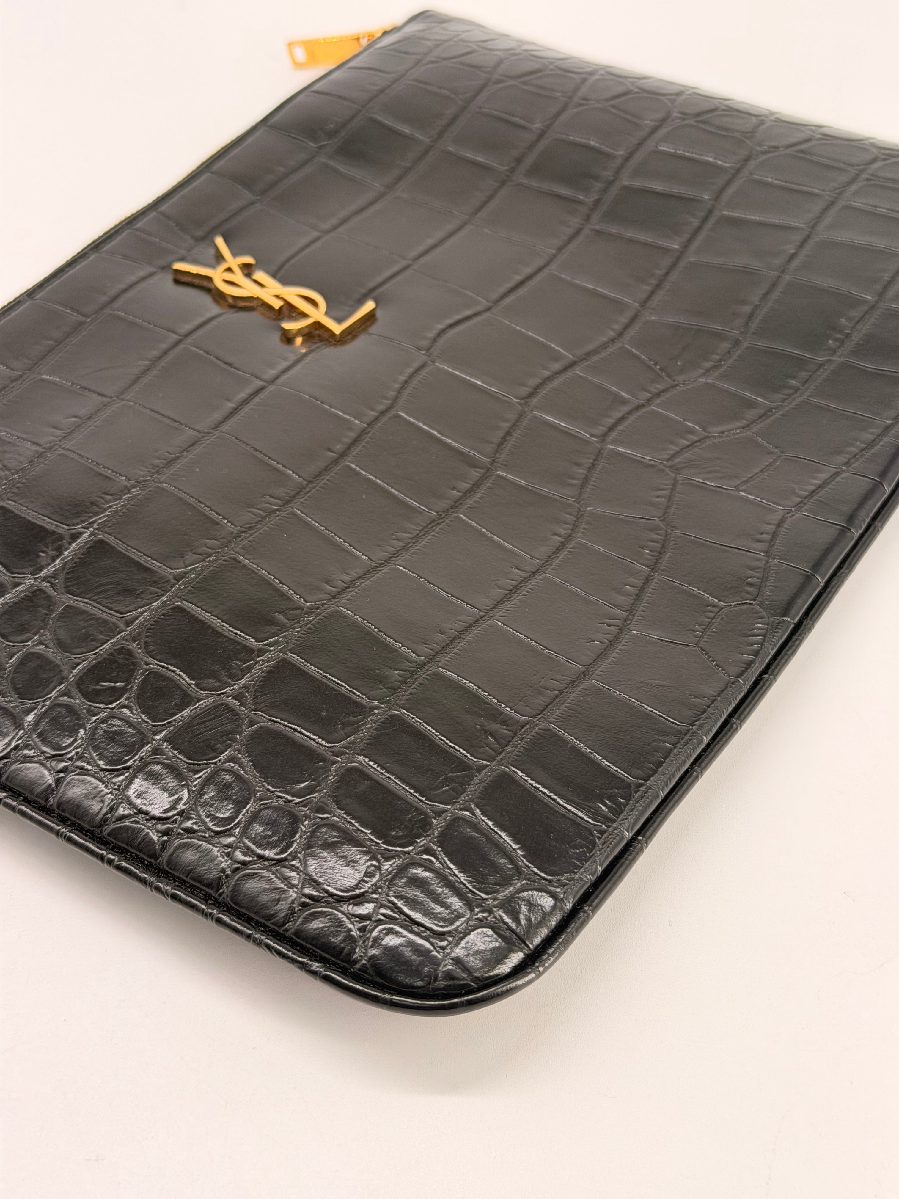 Saint Laurent Black Croc Embossed Leather Pouch