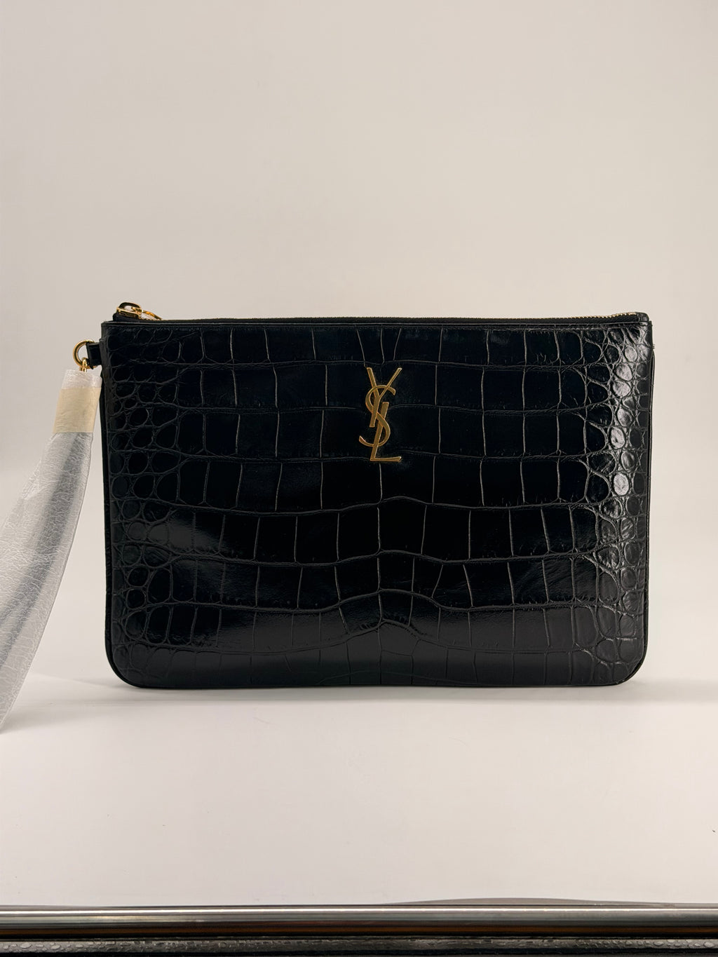 Saint Laurent Black Croc Embossed Leather Pouch