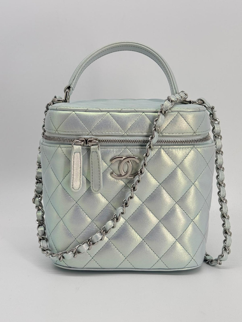 Chanel Vanity Case Iridescent Metallic Blue Leather Handbag