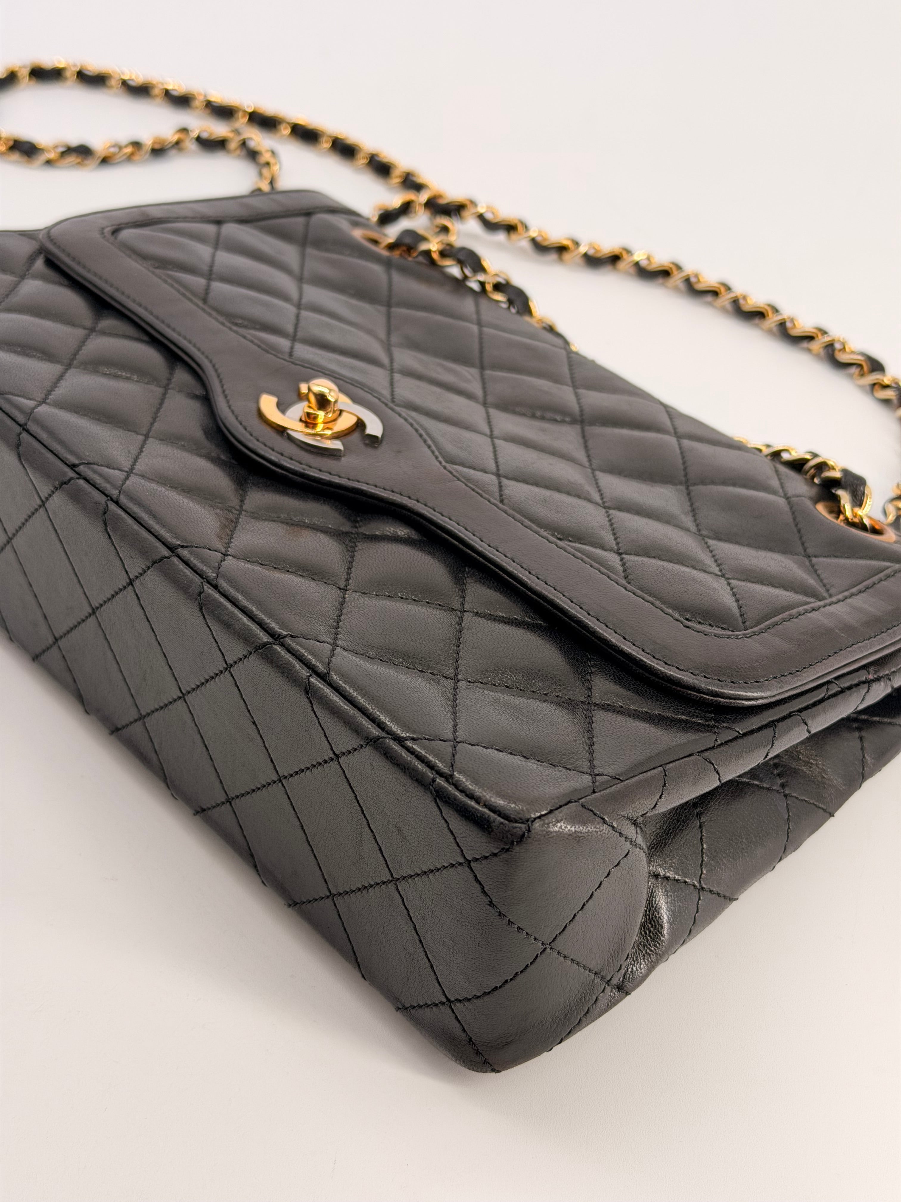Chanel Medium Paris Double Flap Black Lambskin Shoulder Bag