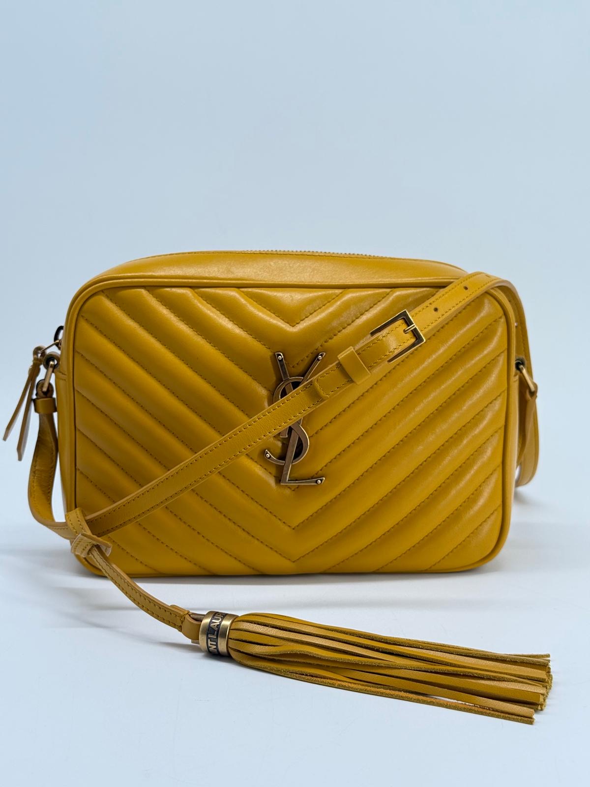 Saint Laurent Lou Camera Crossbody Bag with Tassel in Yellow Calfskin