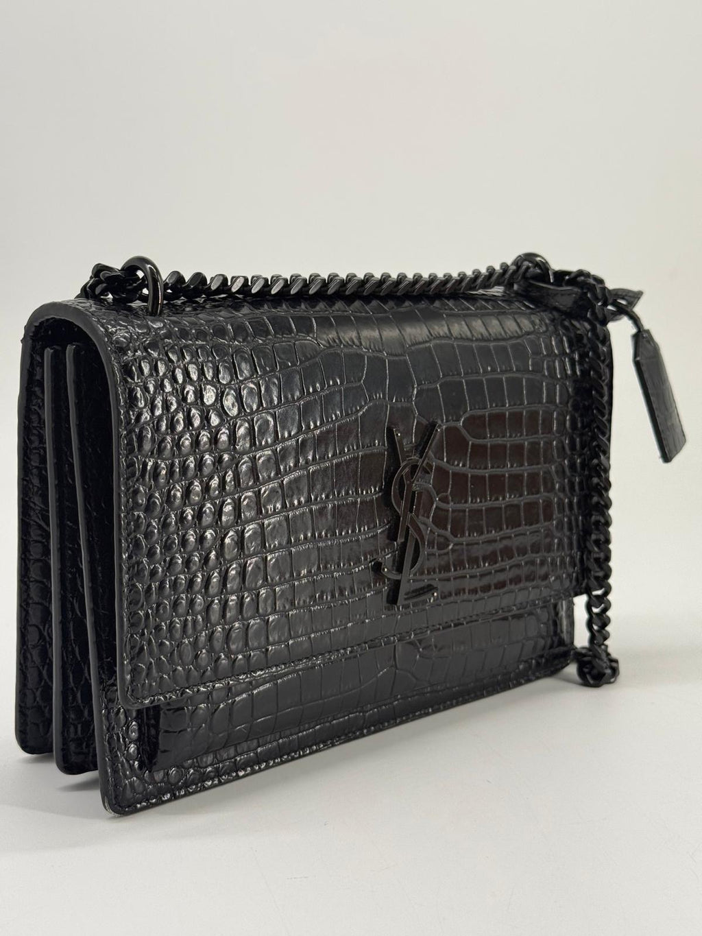 Calfskin Crocodile Embossed Medium Monochrome Monogram Sunset Black Bag