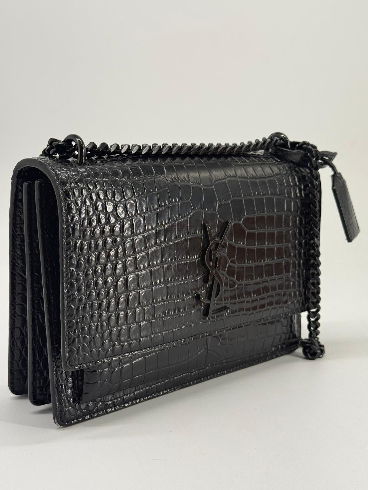 Calfskin Crocodile Embossed Medium Monochrome Monogram Sunset Black Bag