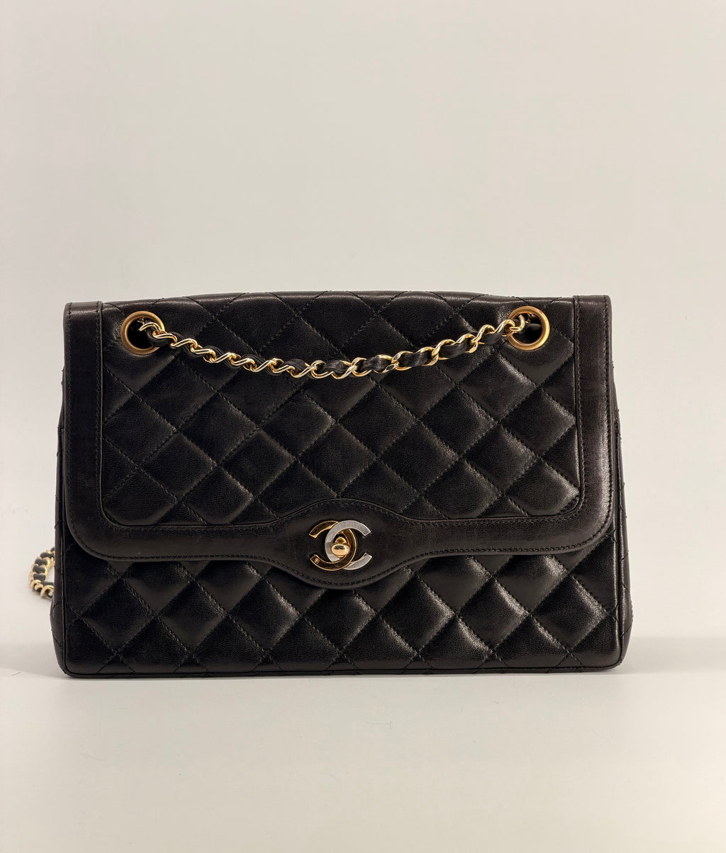 Chanel Medium Paris Double Flap Black Lambskin Shoulder Bag