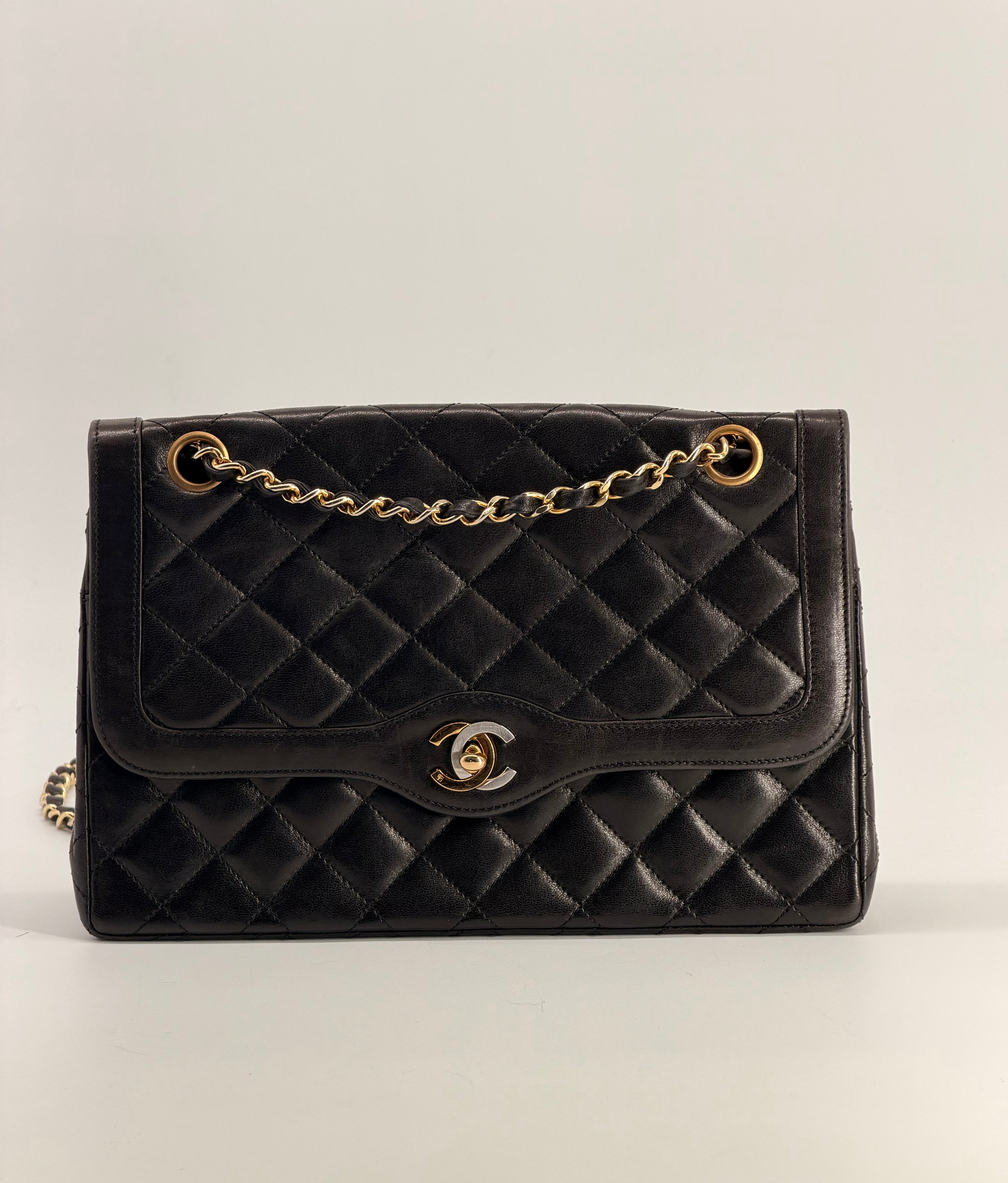 Chanel Medium Paris Double Flap Black Lambskin Shoulder Bag