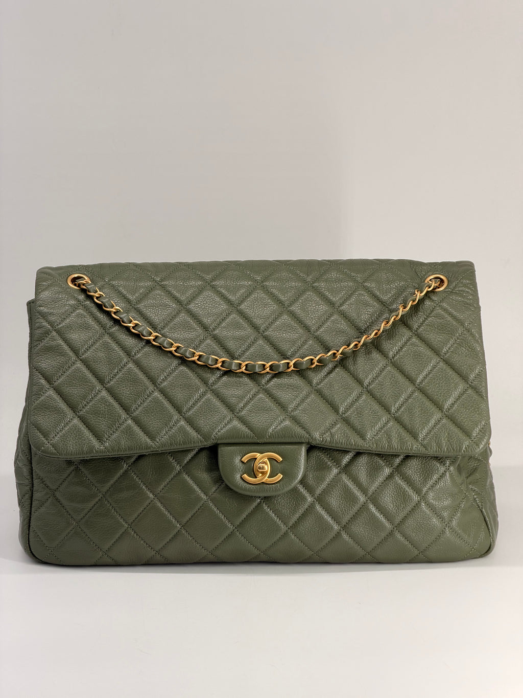 Chanel XXL Travel Classic Flap Bag Khaki Grained Calfskin Leather