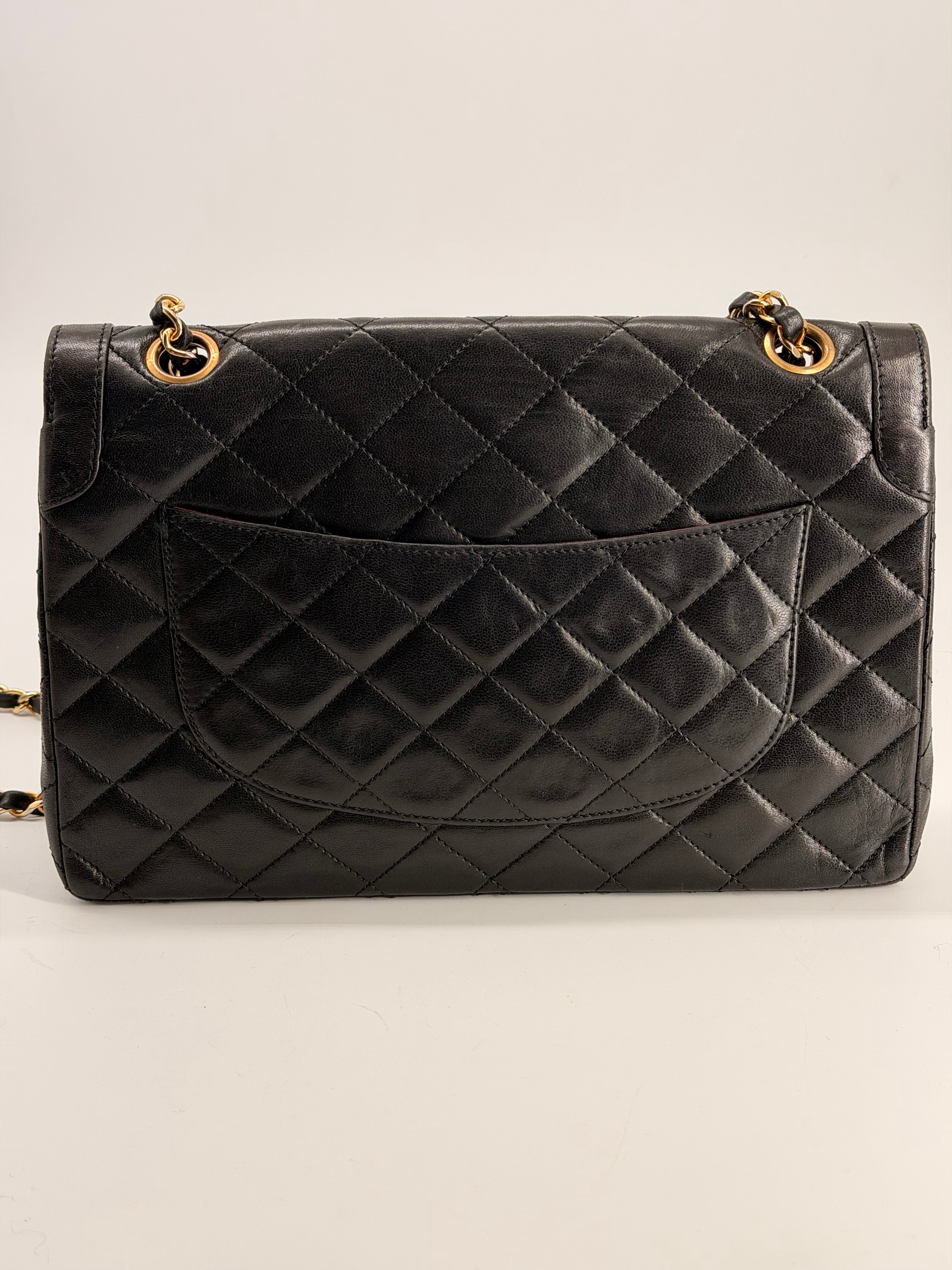 Chanel Medium Paris Double Flap Black Lambskin Shoulder Bag