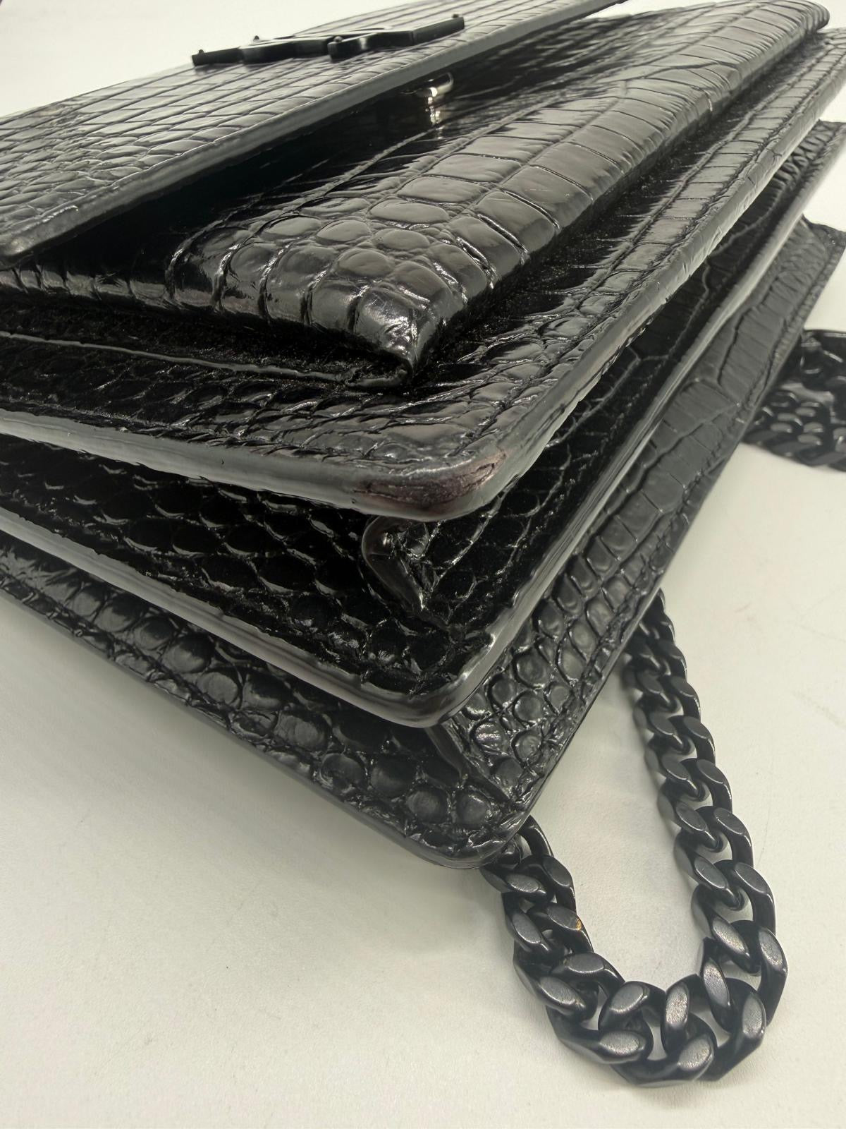 Calfskin Crocodile Embossed Medium Monochrome Monogram Sunset Black Bag