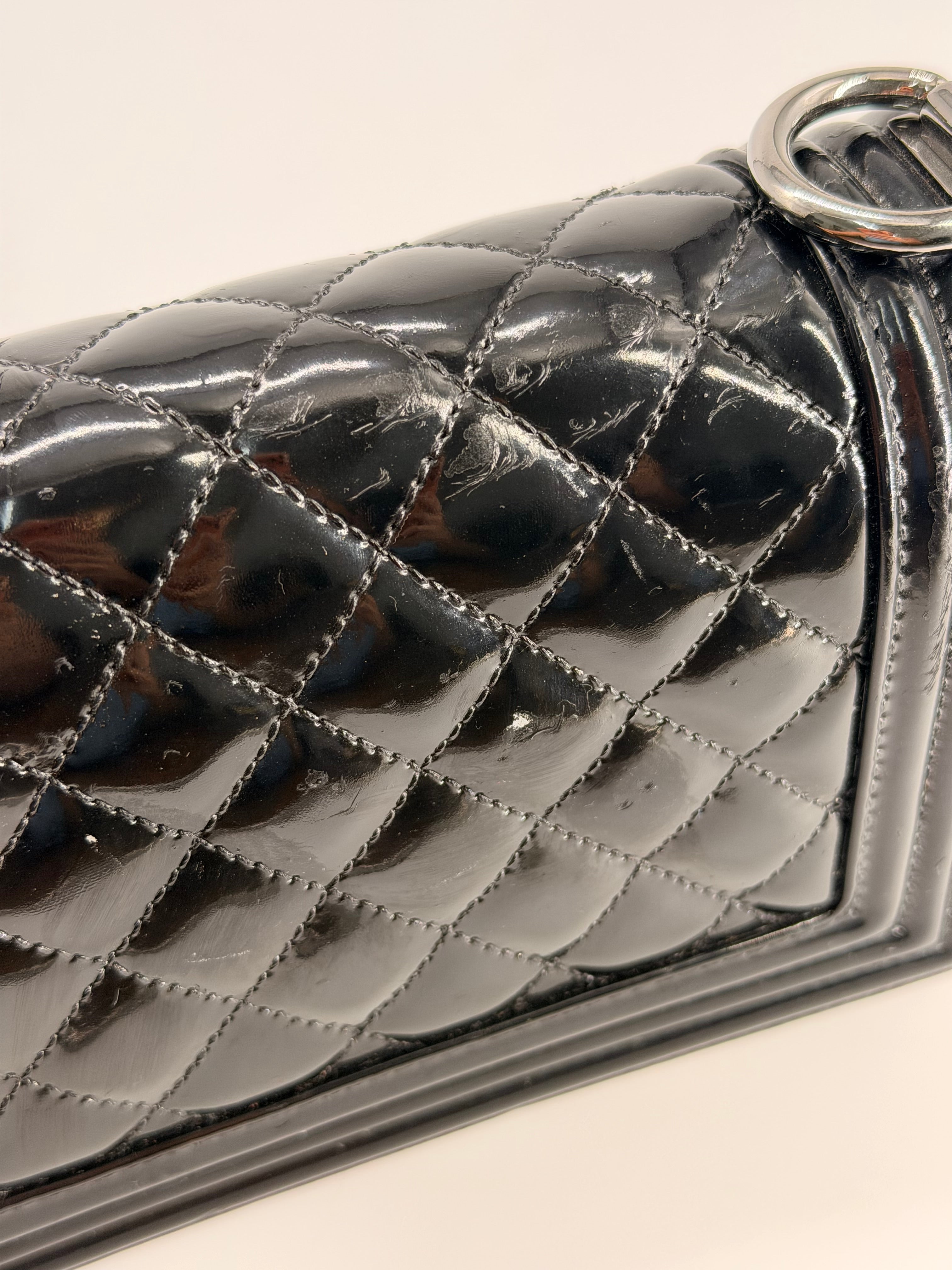 CHANEL Small Boy Bag Patent Leather Black Silver Shoulder Bag