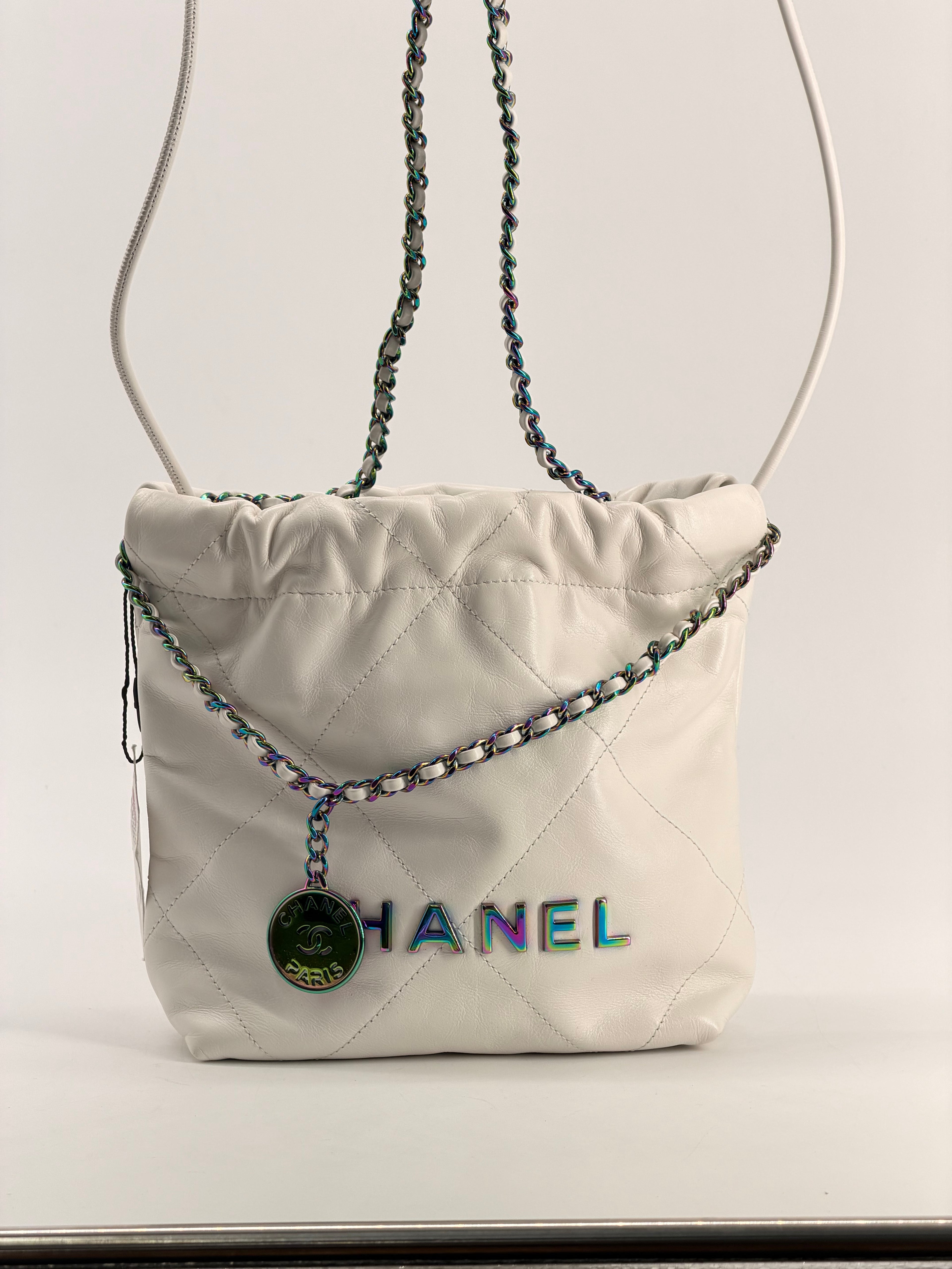 CHANEL Mini Rainbow 22 Hobo Bag White Calfskin Leather NWT