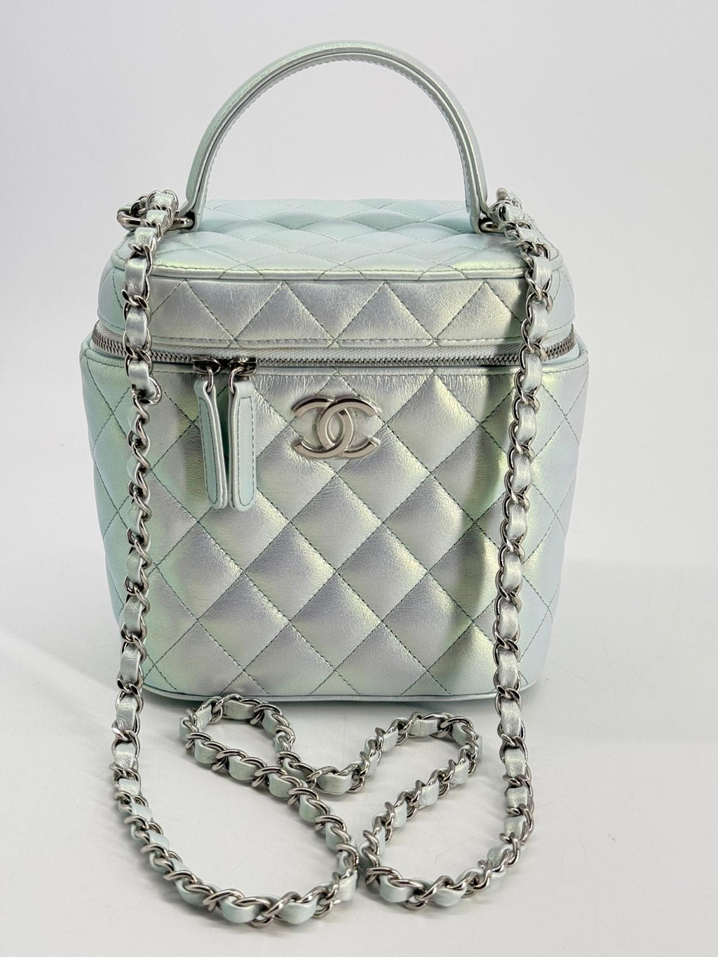 Chanel Vanity Case Iridescent Metallic Blue Leather Handbag