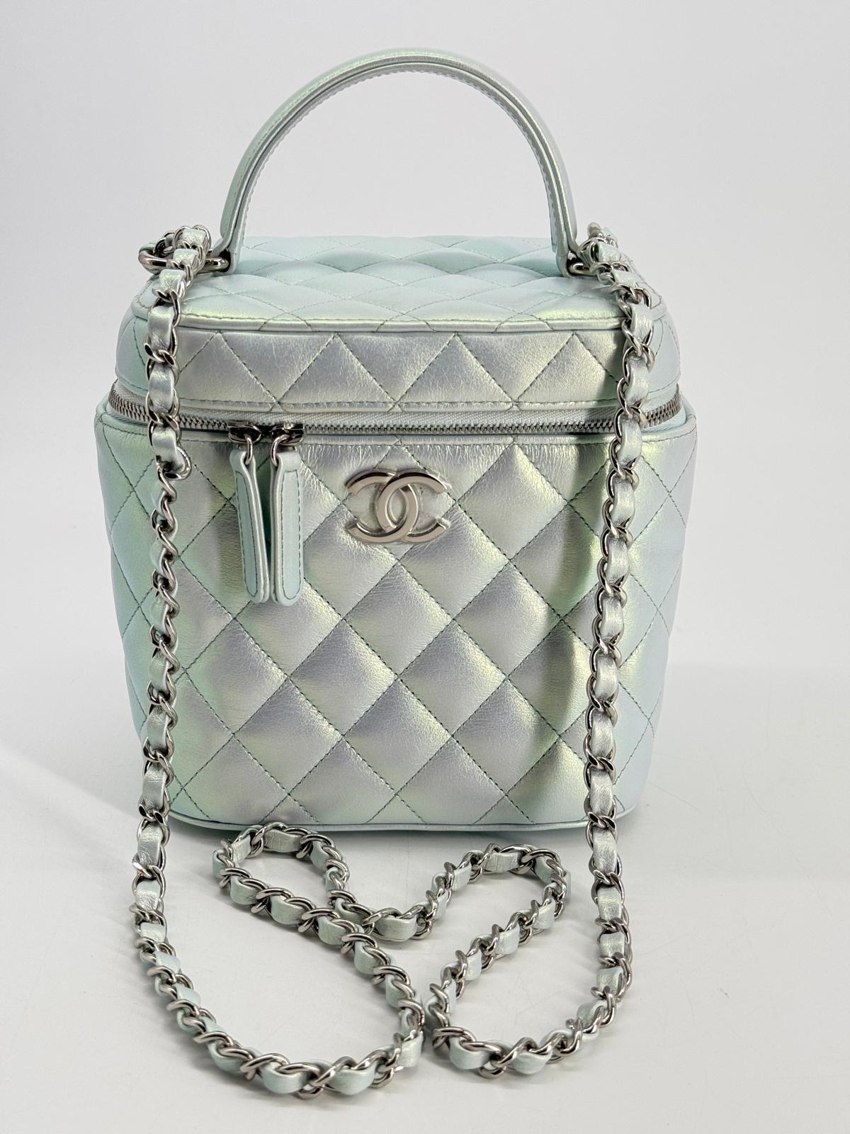 Chanel Vanity Case Iridescent Metallic Blue Leather Handbag