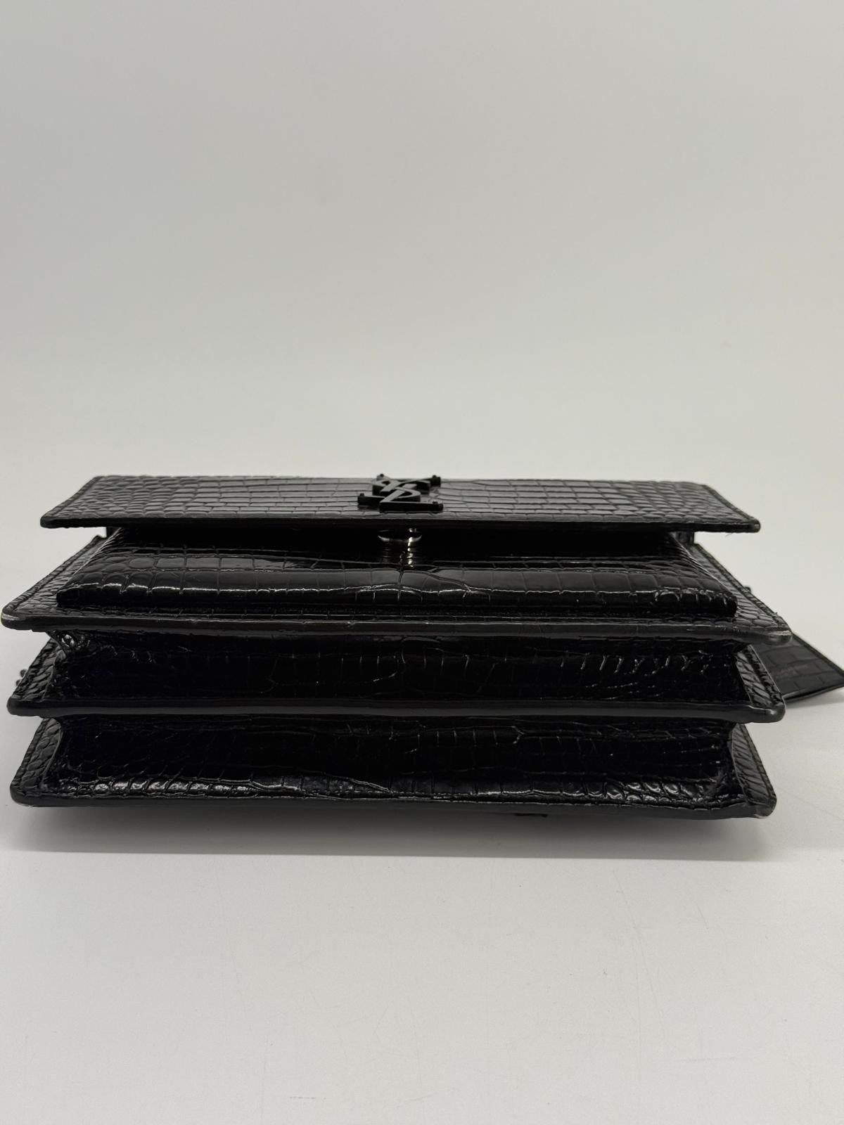 Calfskin Crocodile Embossed Medium Monochrome Monogram Sunset Black Bag