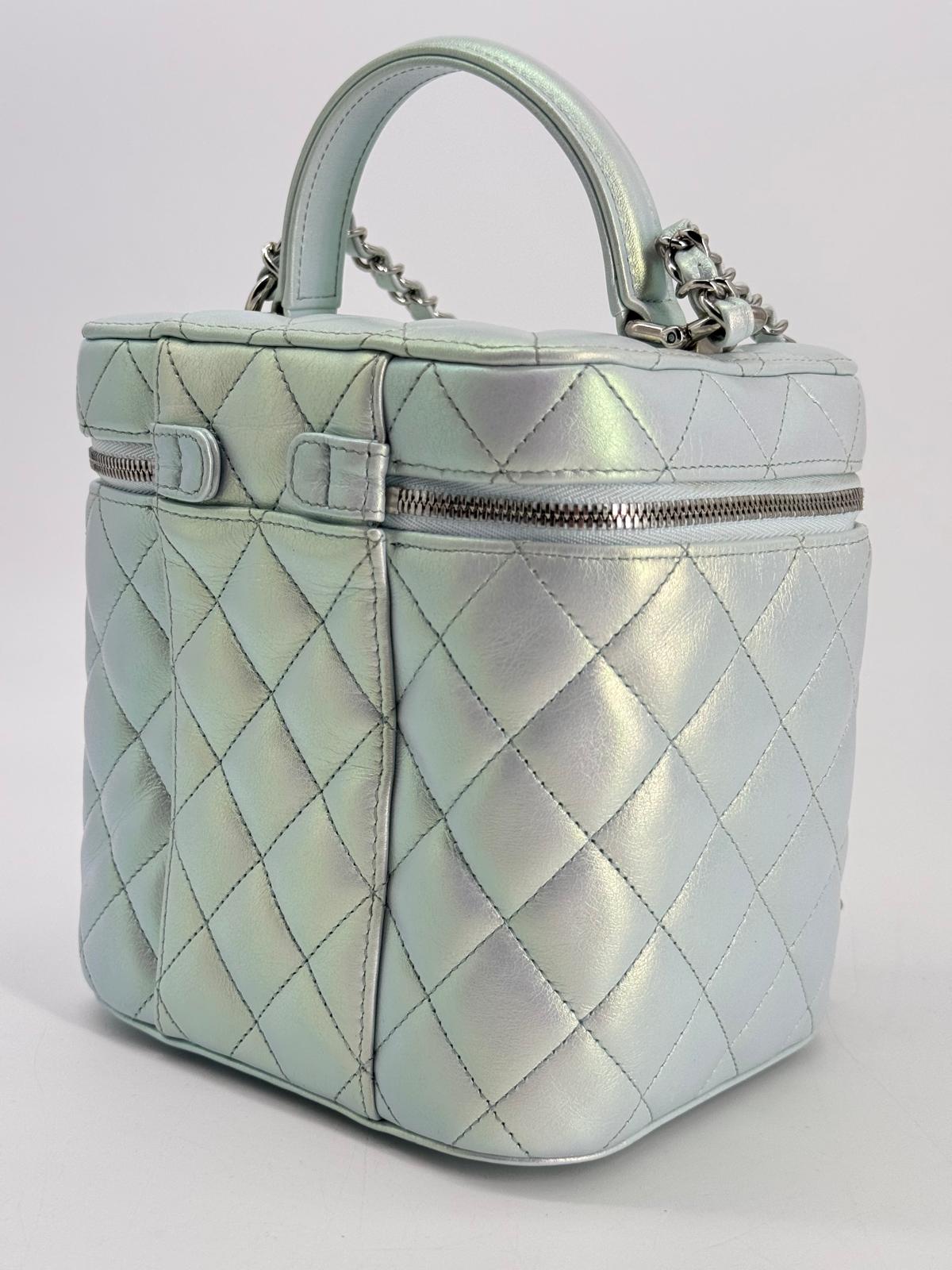 Chanel Vanity Case Iridescent Metallic Blue Leather Handbag