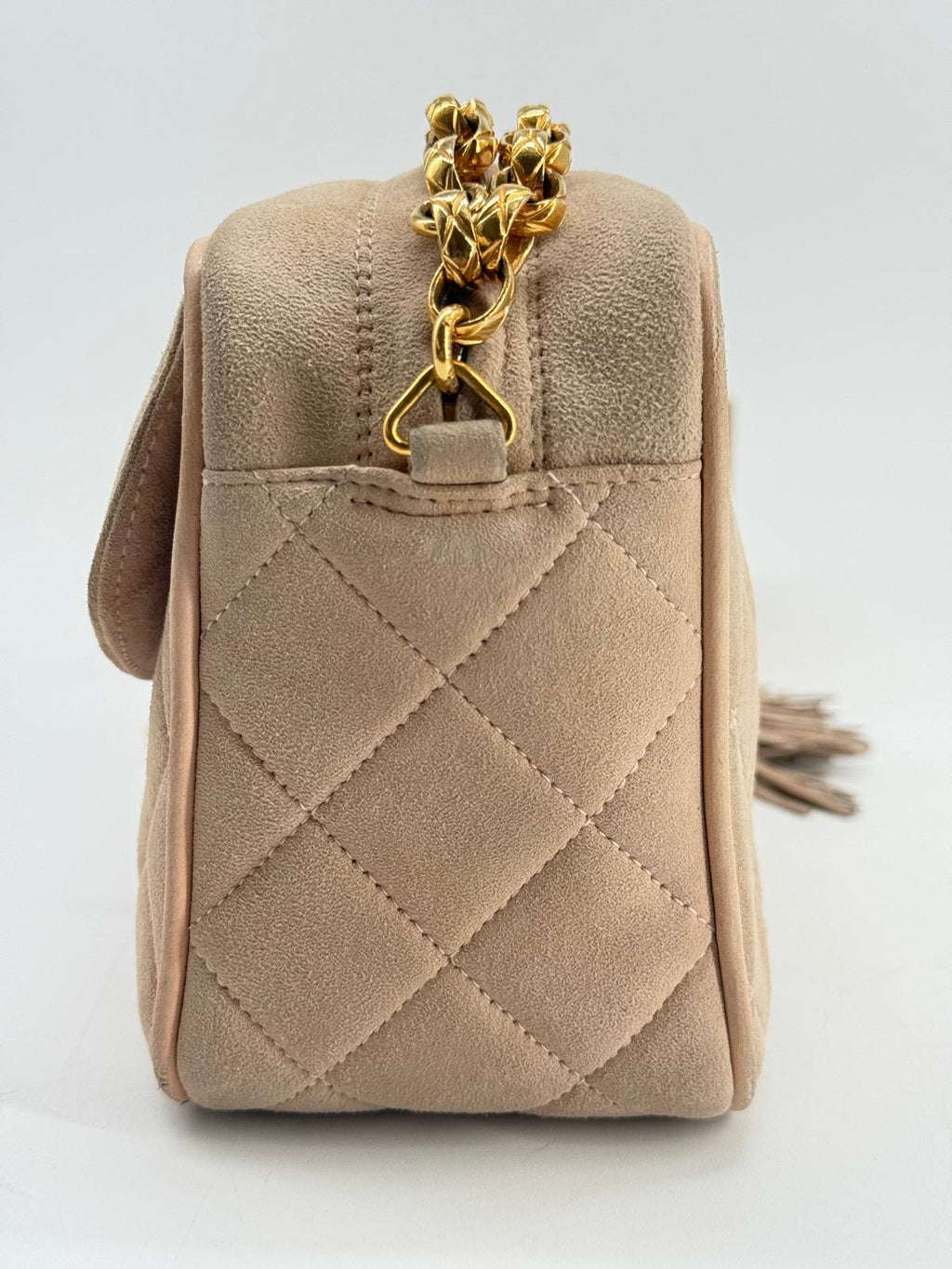 CHANEL Quilted Tassel CC Camera Bag Case In Pink Suede