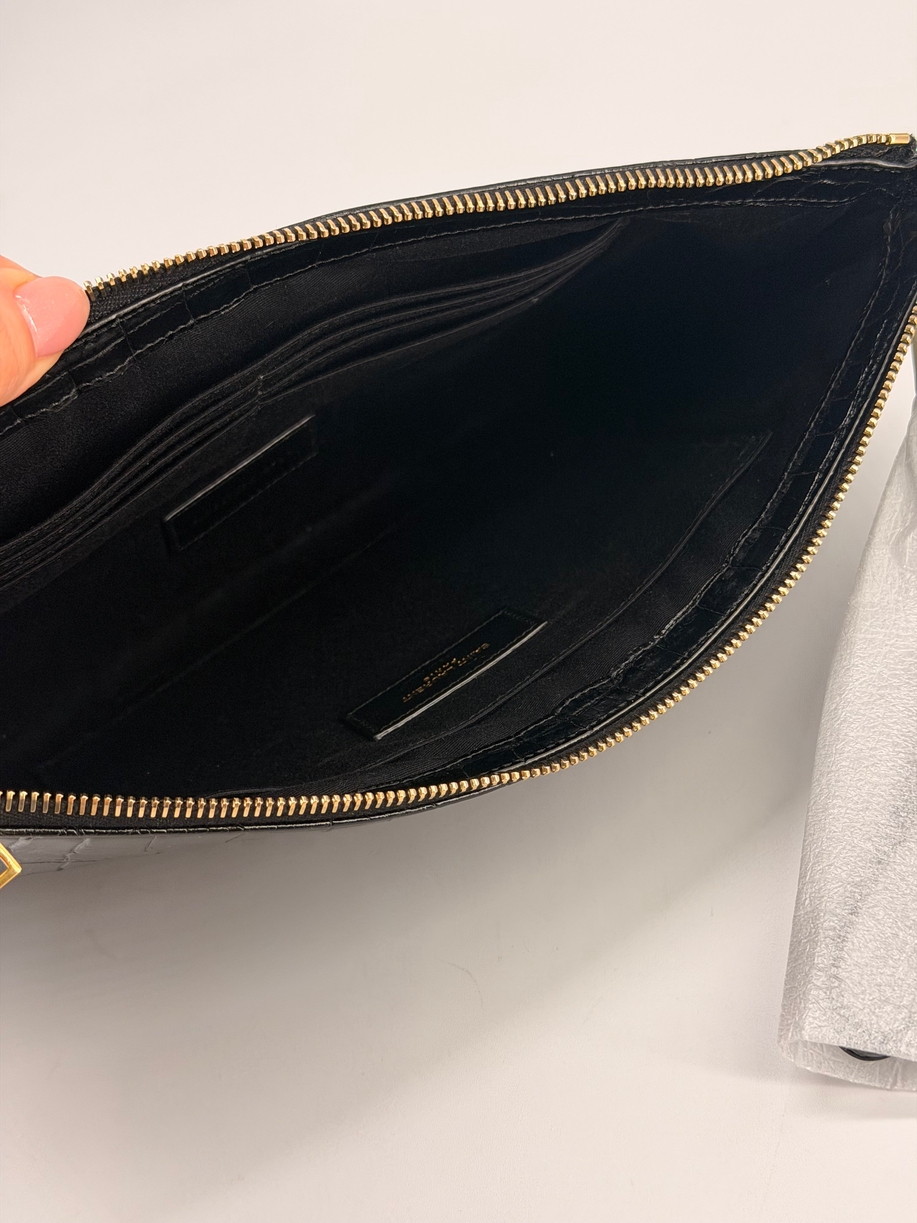 Saint Laurent Black Croc Embossed Leather Pouch