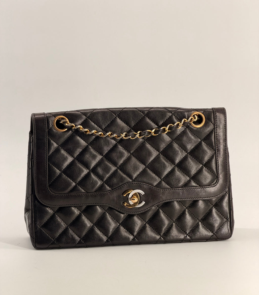 Chanel Medium Paris Double Flap Black Lambskin Shoulder Bag