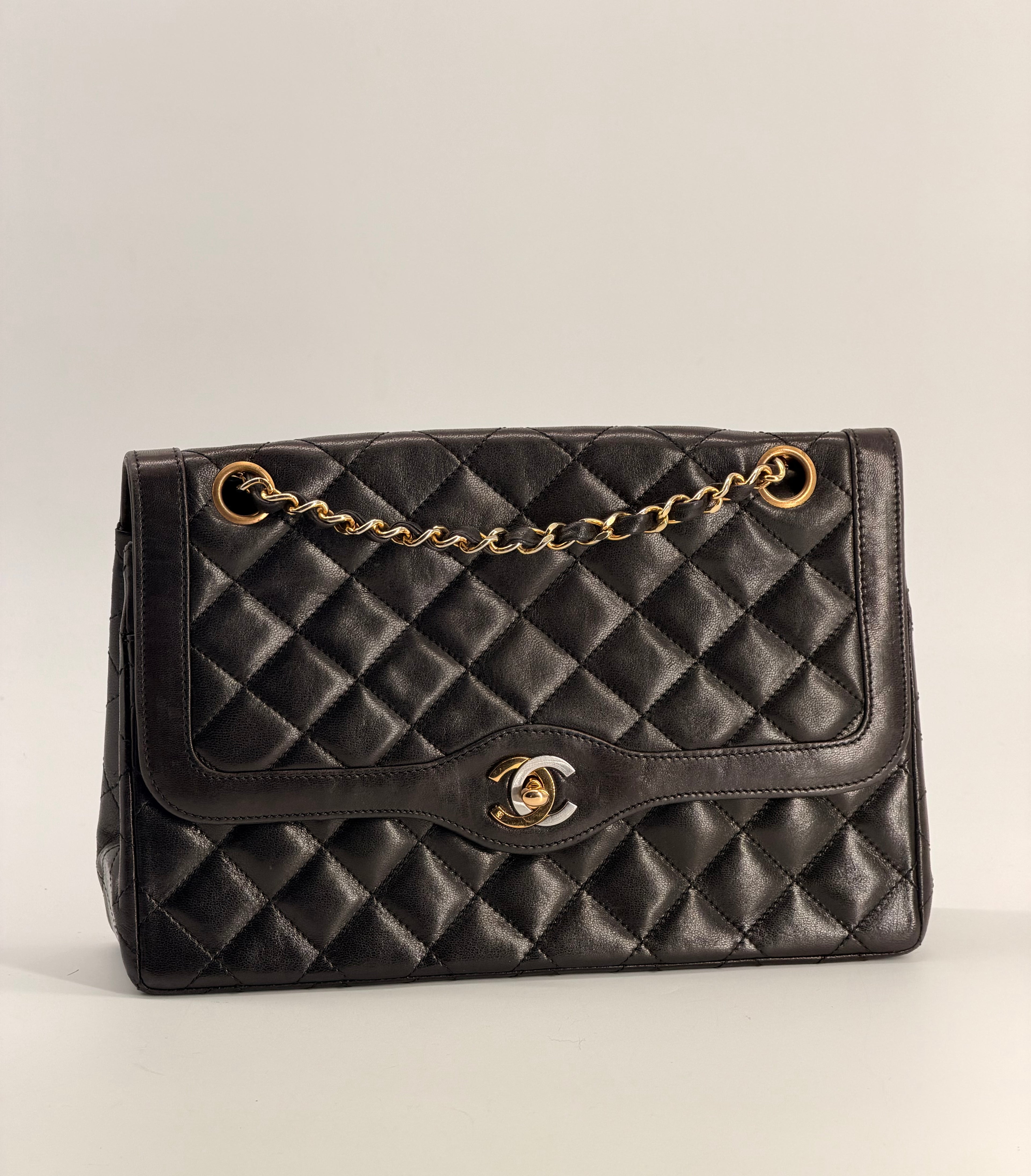Chanel Medium Paris Double Flap Black Lambskin Shoulder Bag