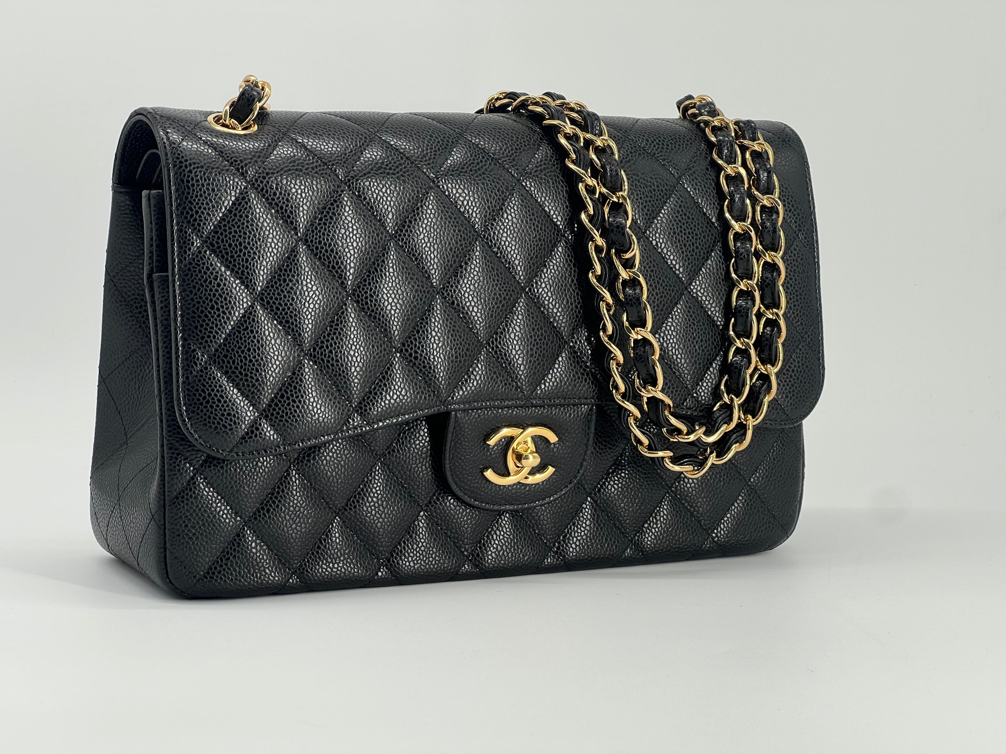 Chanel Classic Jumbo Double Flap Black Caviar Leather With Gold Hardware