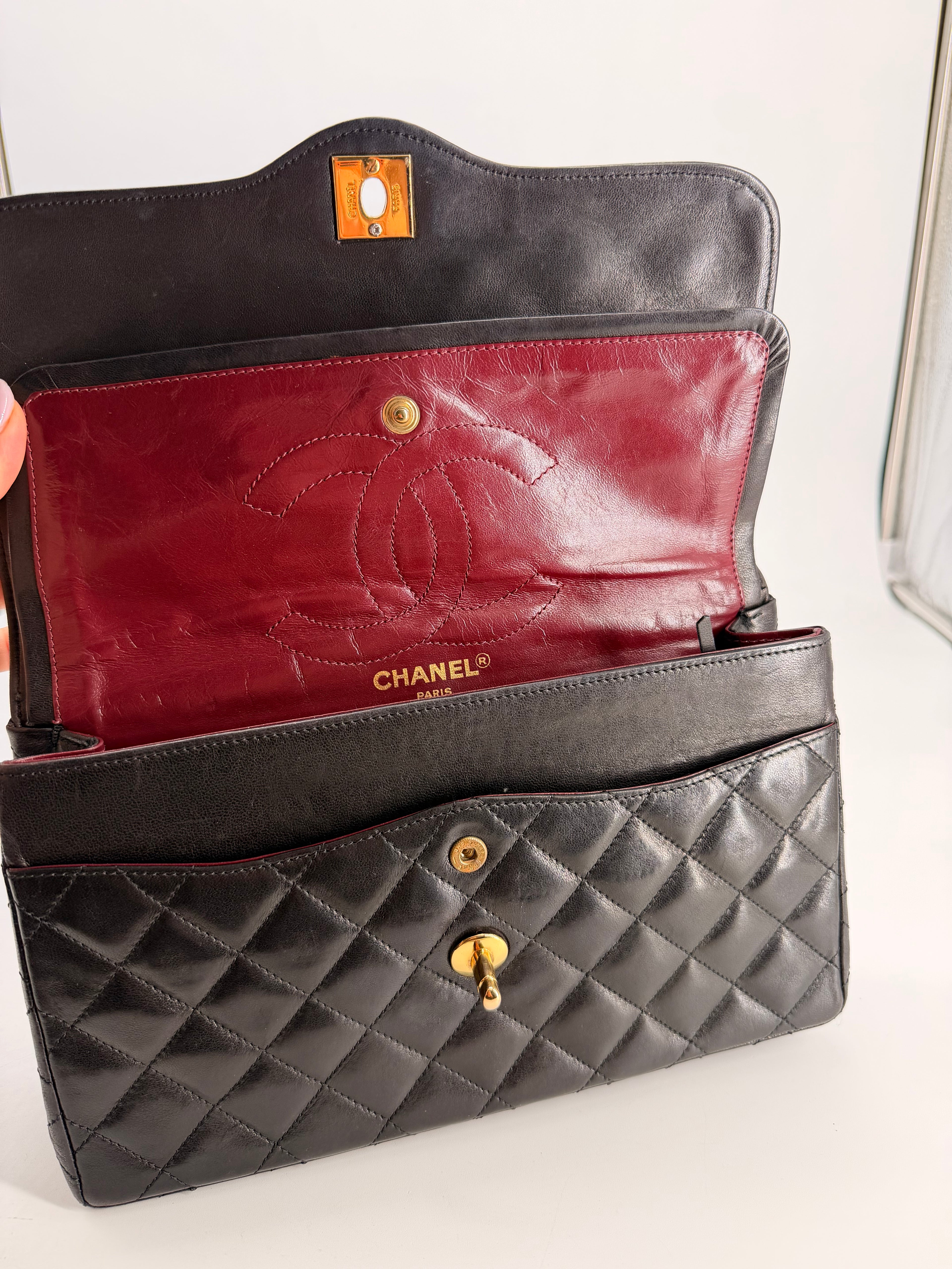 Chanel Medium Paris Double Flap Black Lambskin Shoulder Bag
