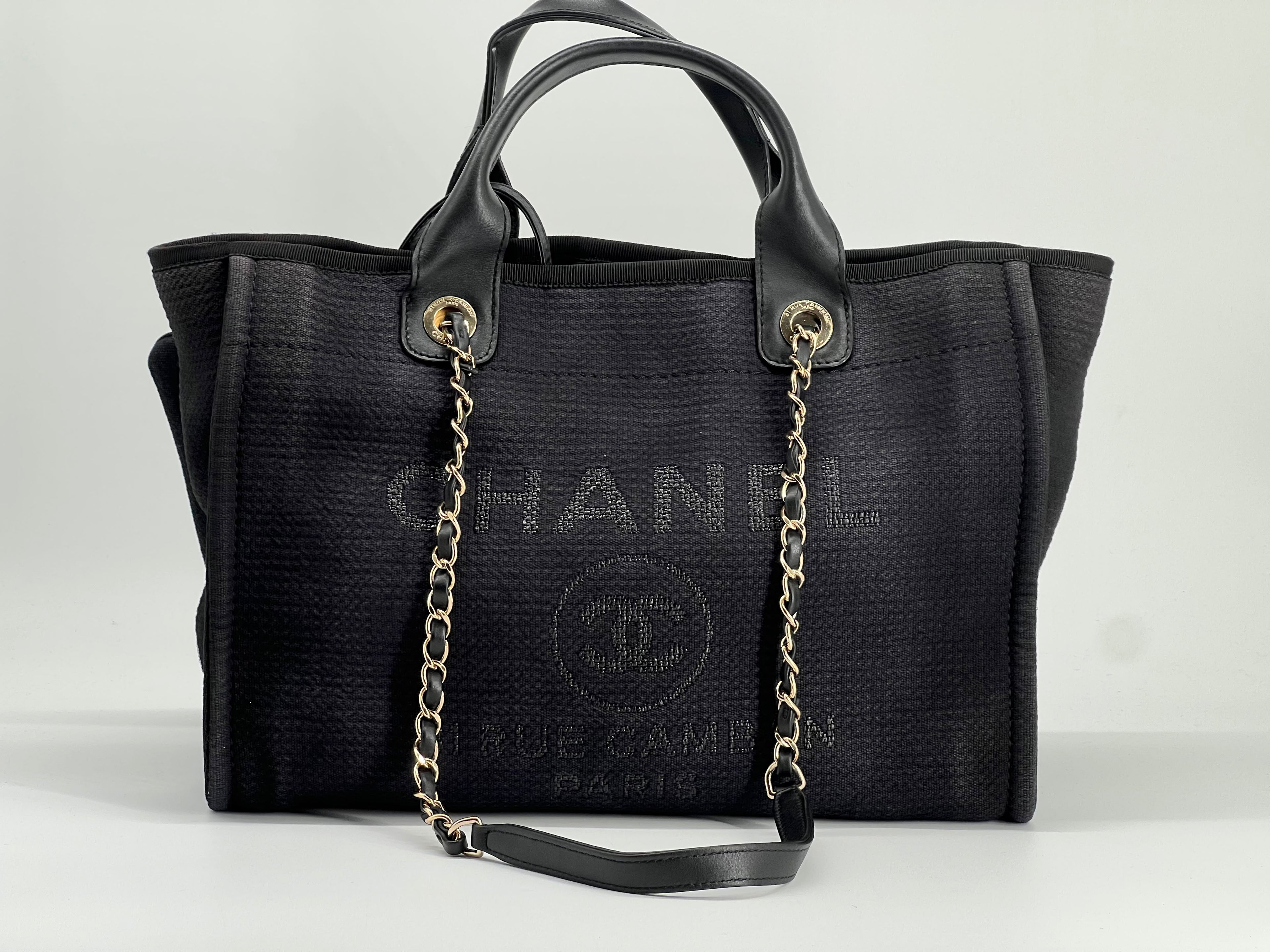 Chanel Deauville Tote Bag Small in Black Canvas Gold-Tone Hardware With Pouch