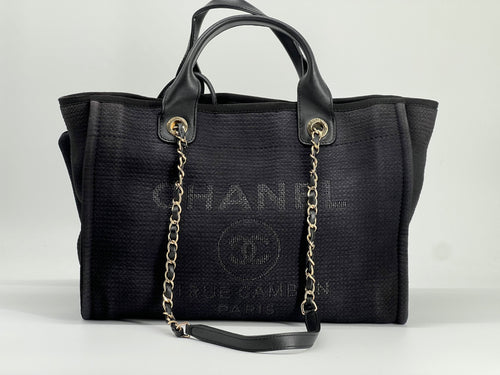 Chanel Deauville Tote Bag Small in Black Canvas Gold-Tone Hardware With Pouch
