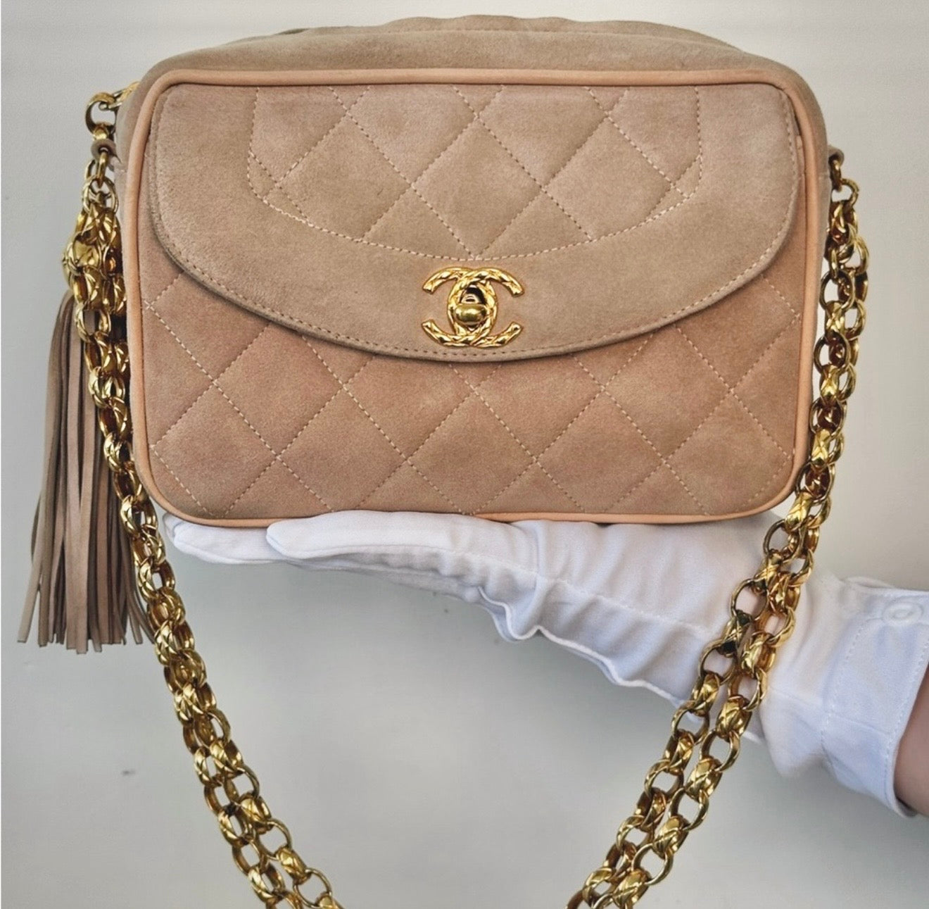 CHANEL Quilted Tassel CC Camera Bag Case In Pink Suede